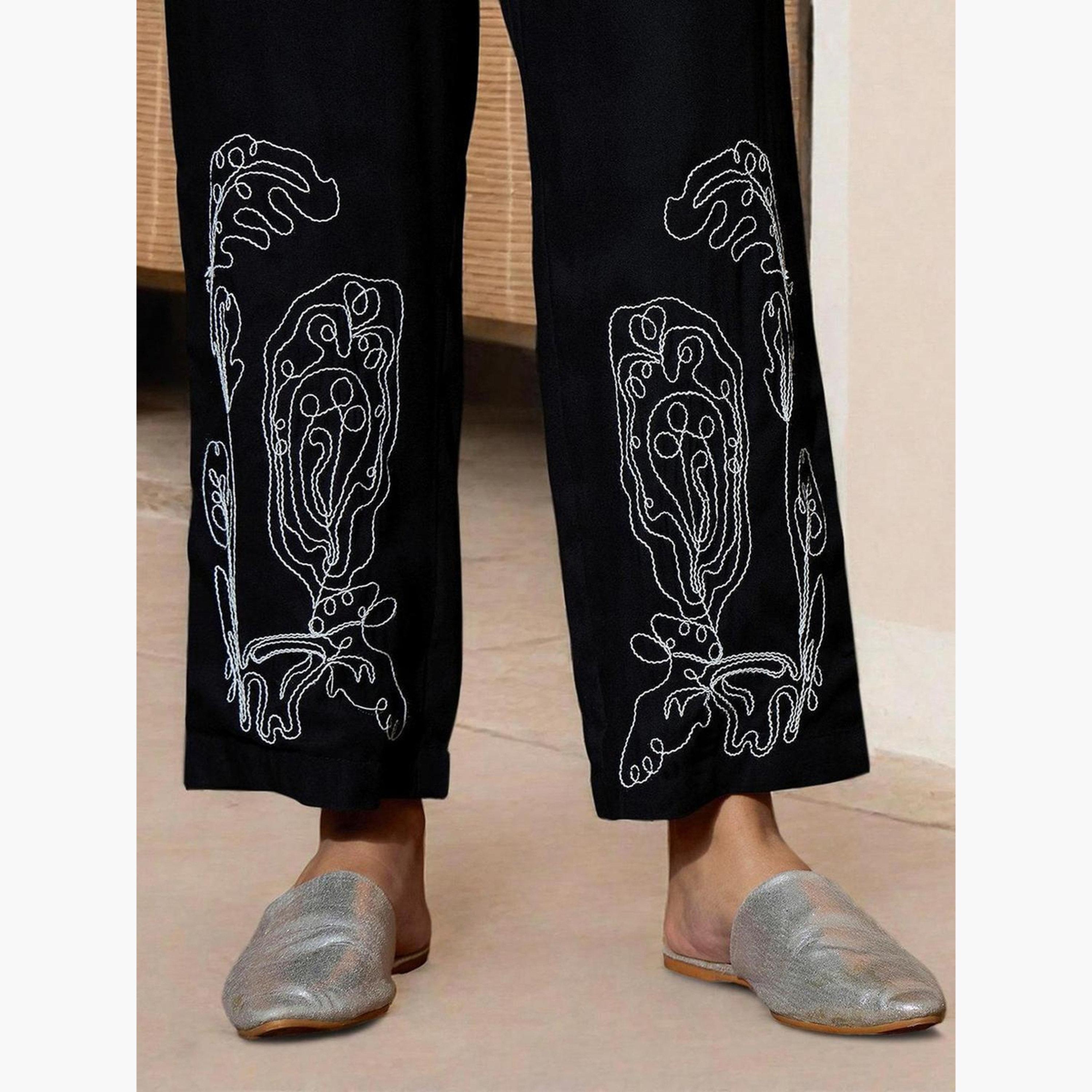 إيشين - قميص وبنطال مطرزان لون أسود-women-clothing-coordsets-image-4