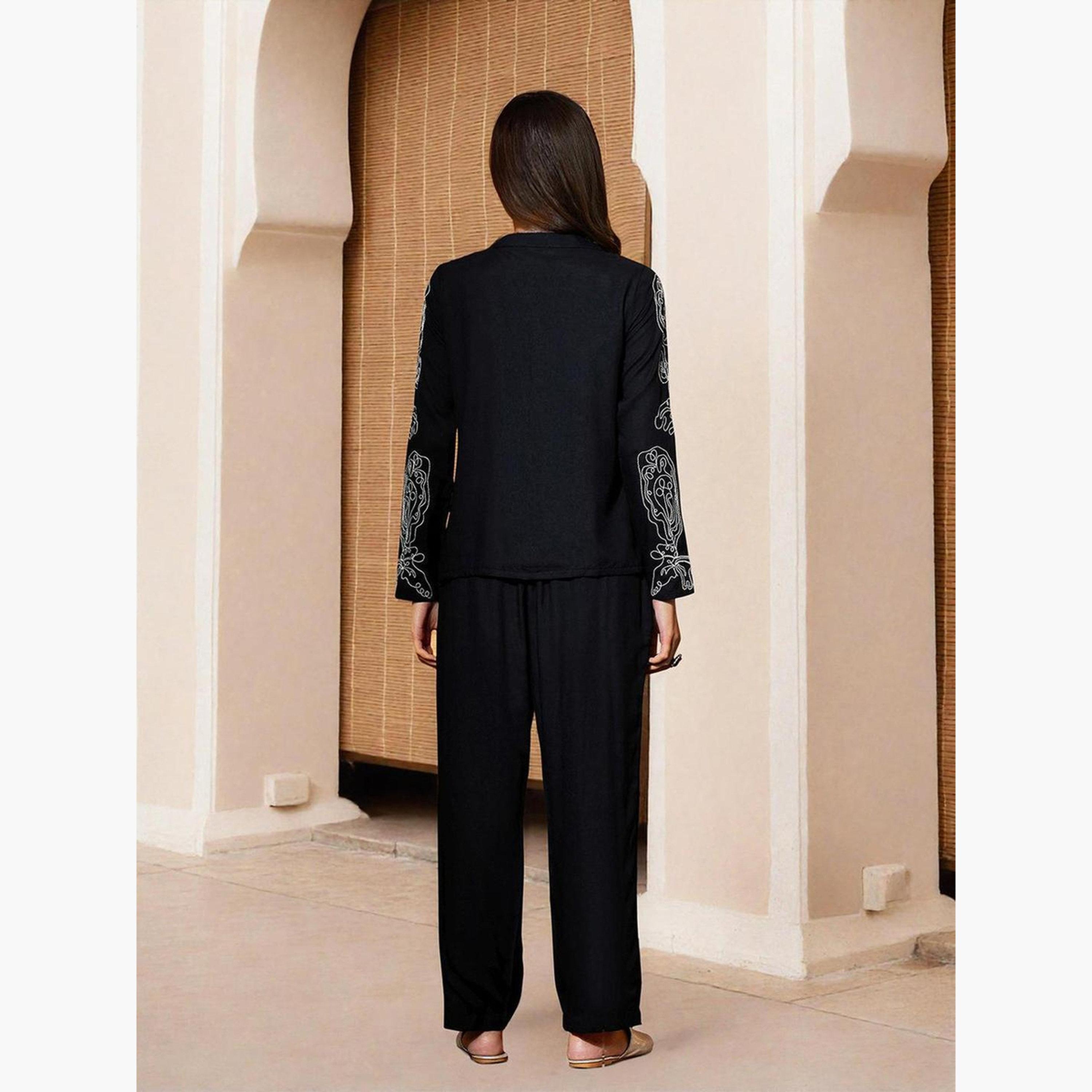 إيشين - قميص وبنطال مطرزان لون أسود-women-clothing-coordsets-image-5
