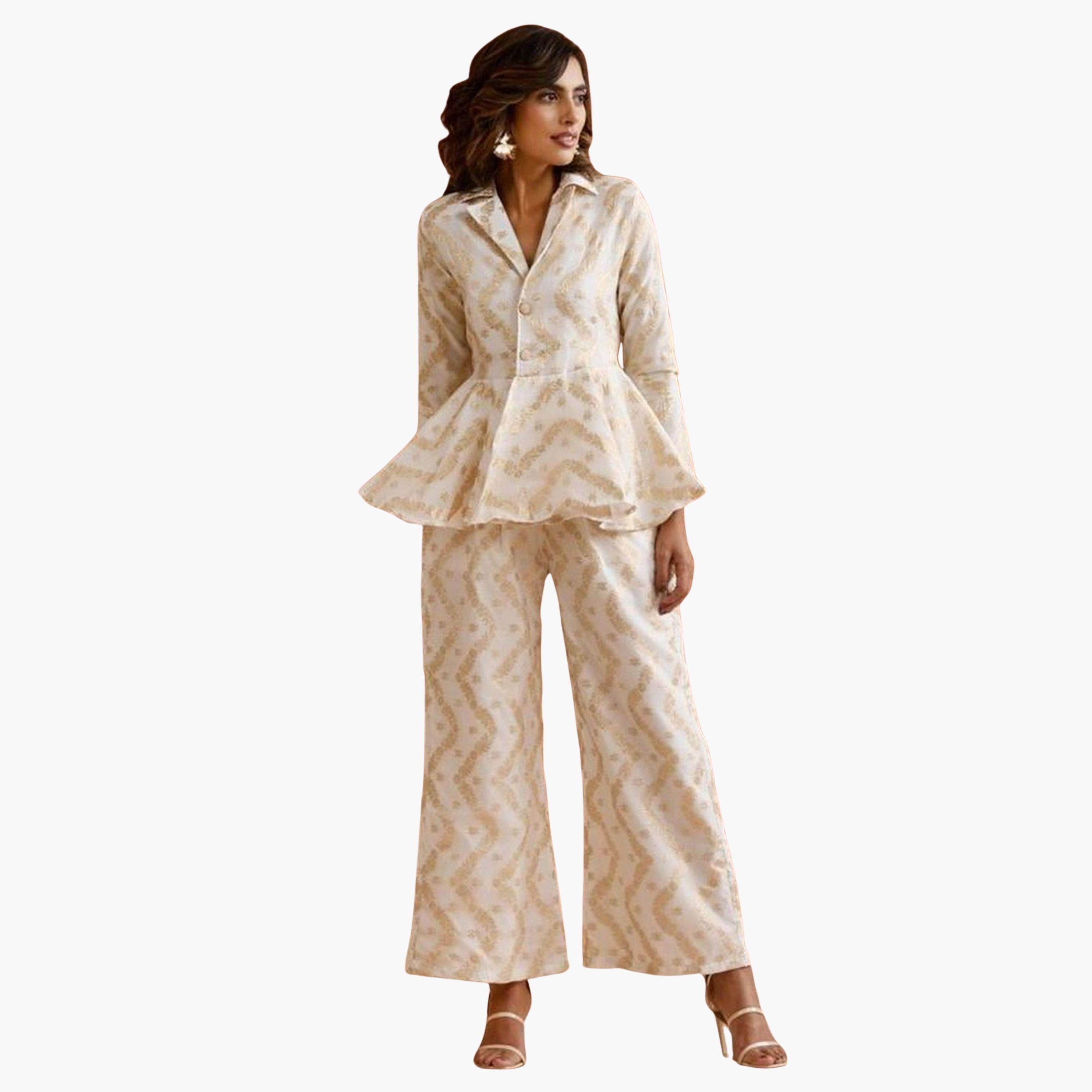 Ishin X Styli Jacquard Peplum Shirt and Trousers Co-Ords-women-clothing-coordsets-image-1