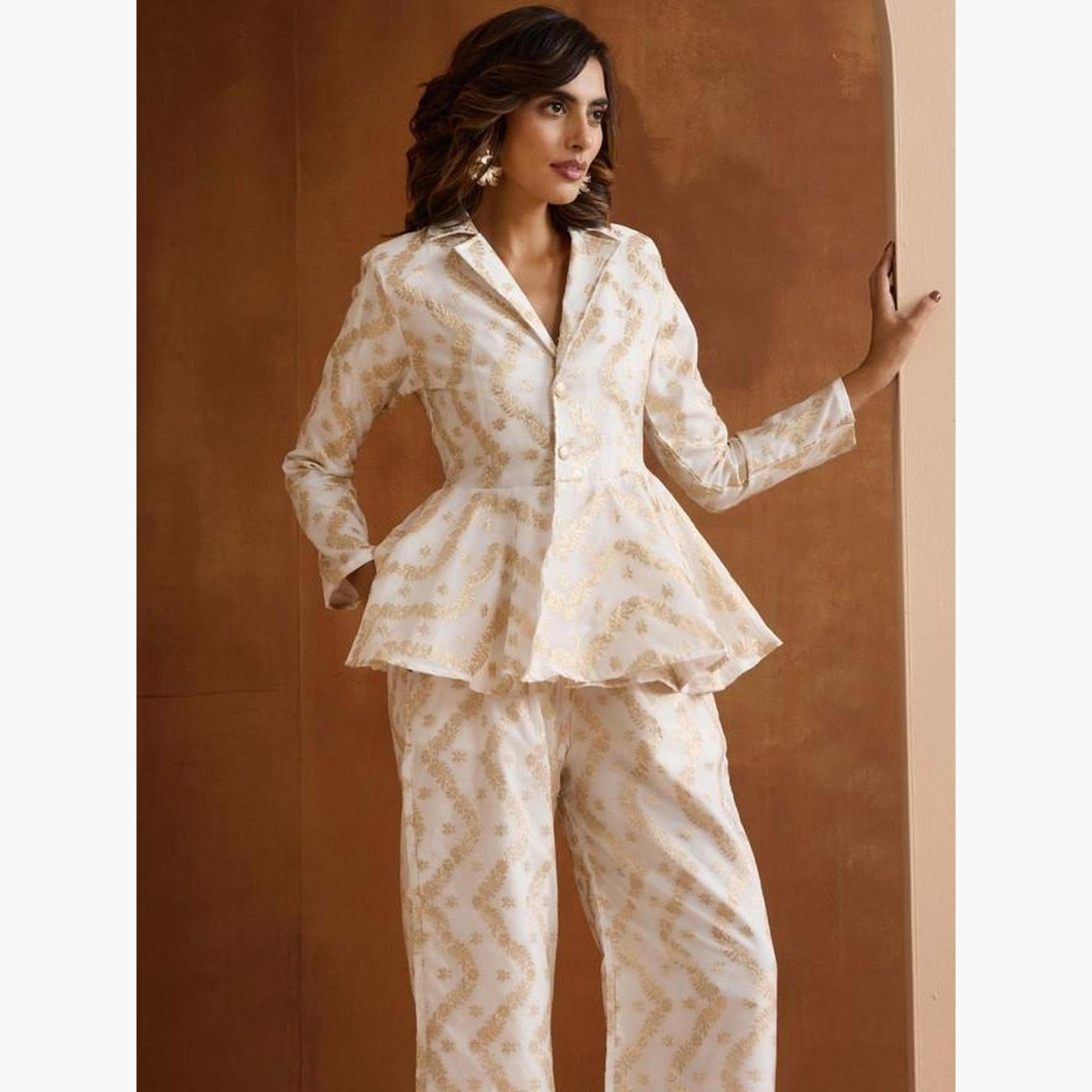 إيشين - قميص وبنطال بنقشة بيبلوم من الجاكار-women-clothing-coordsets-image-3