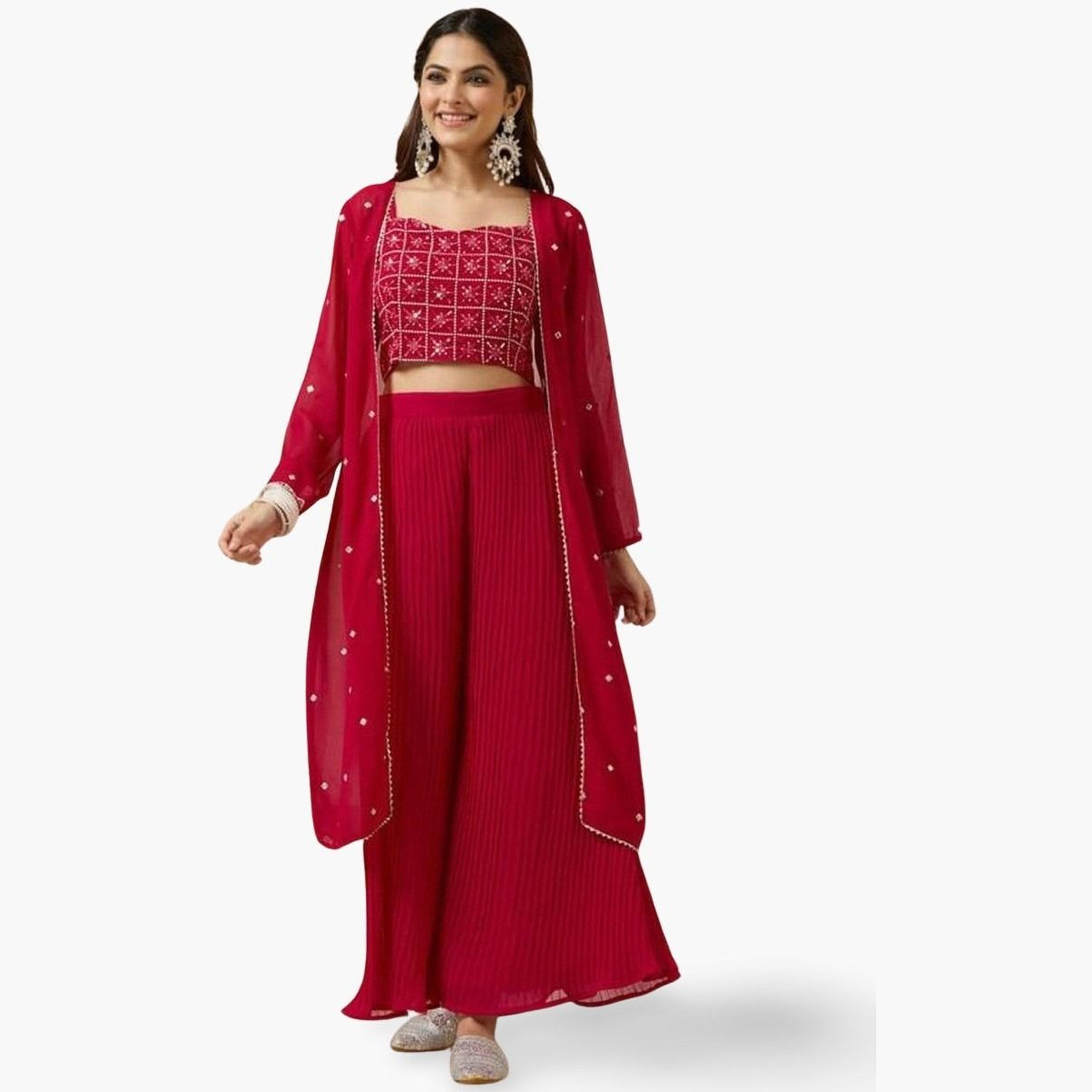 Ishin Flowy Red Georgette Embroidered Top, Shrug and Pants Co-ords-women-clothing-coordsets-image-1