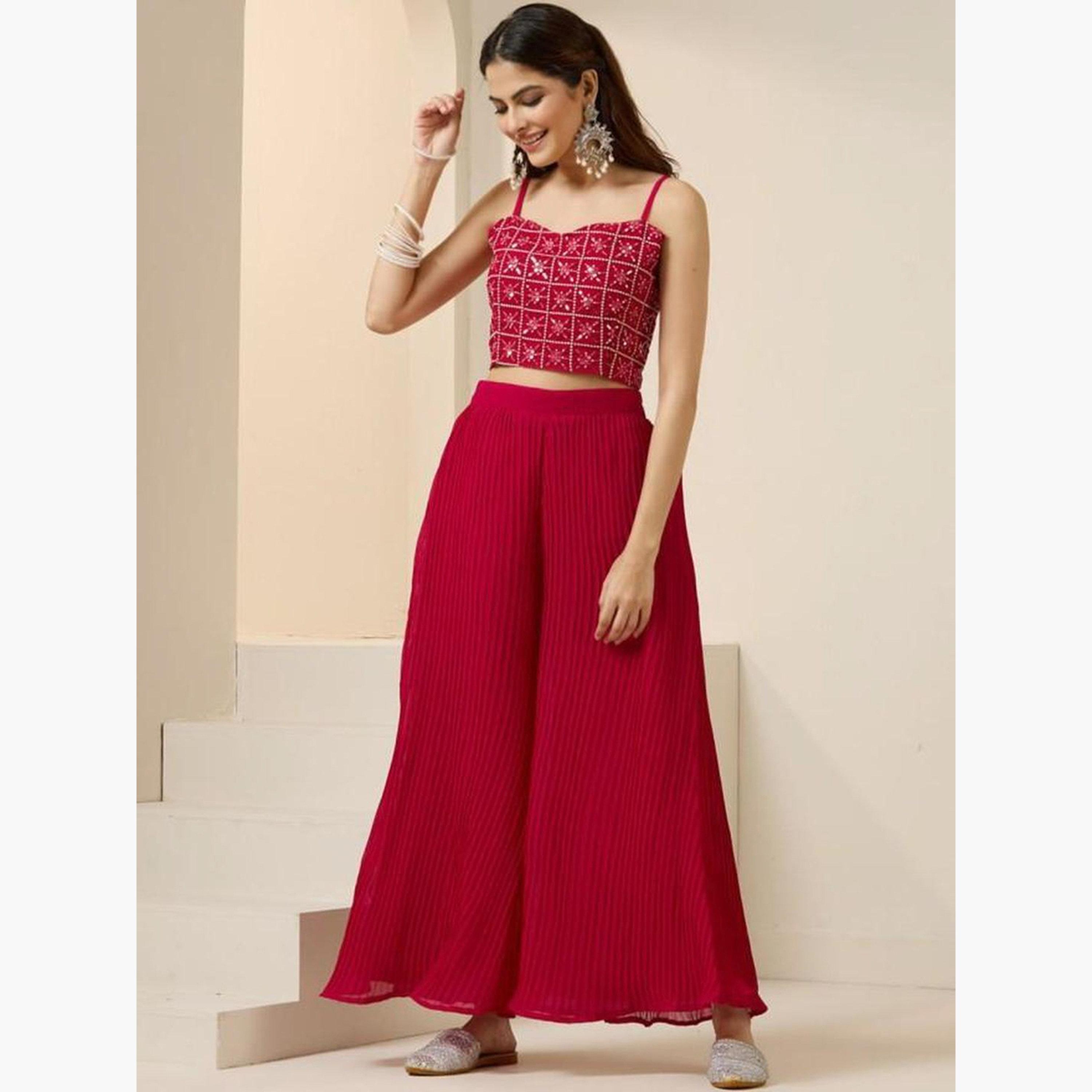 Ishin Flowy Red Georgette Embroidered Top, Shrug and Pants Co-ords-women-clothing-coordsets-image-2