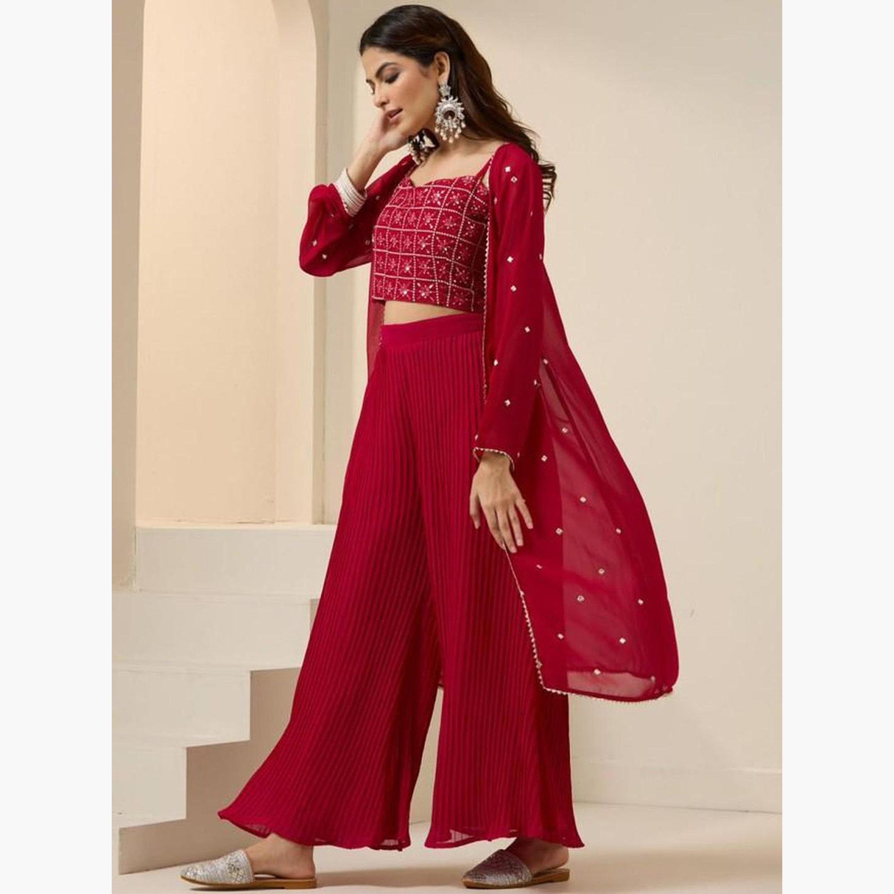 Ishin Flowy Red Georgette Embroidered Top, Shrug and Pants Co-ords-women-clothing-coordsets-image-3