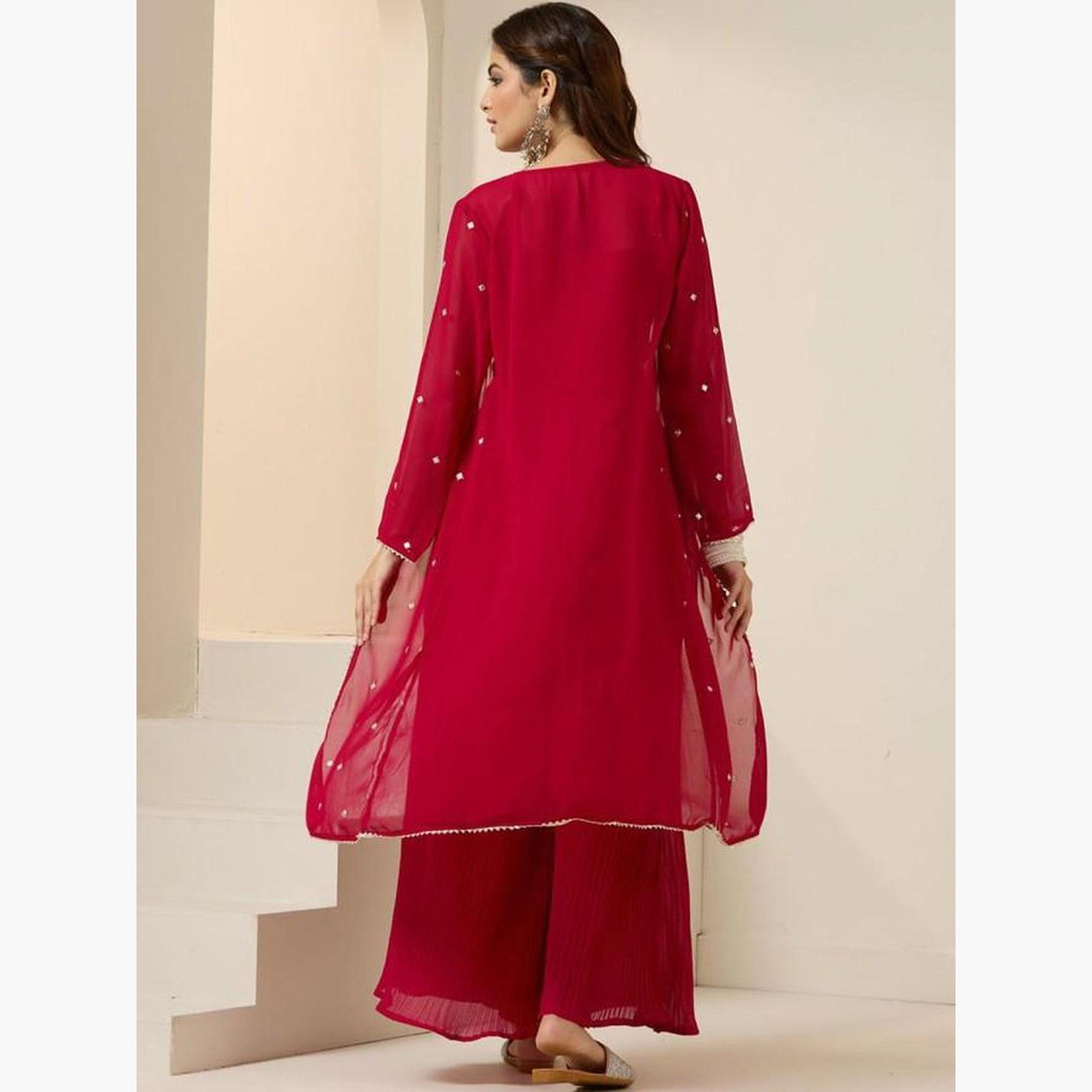 ايشين - بلوزة وسروال وسترة من قماش جورجيت أحمر منسدل مطرز-women-clothing-coordsets-image-4