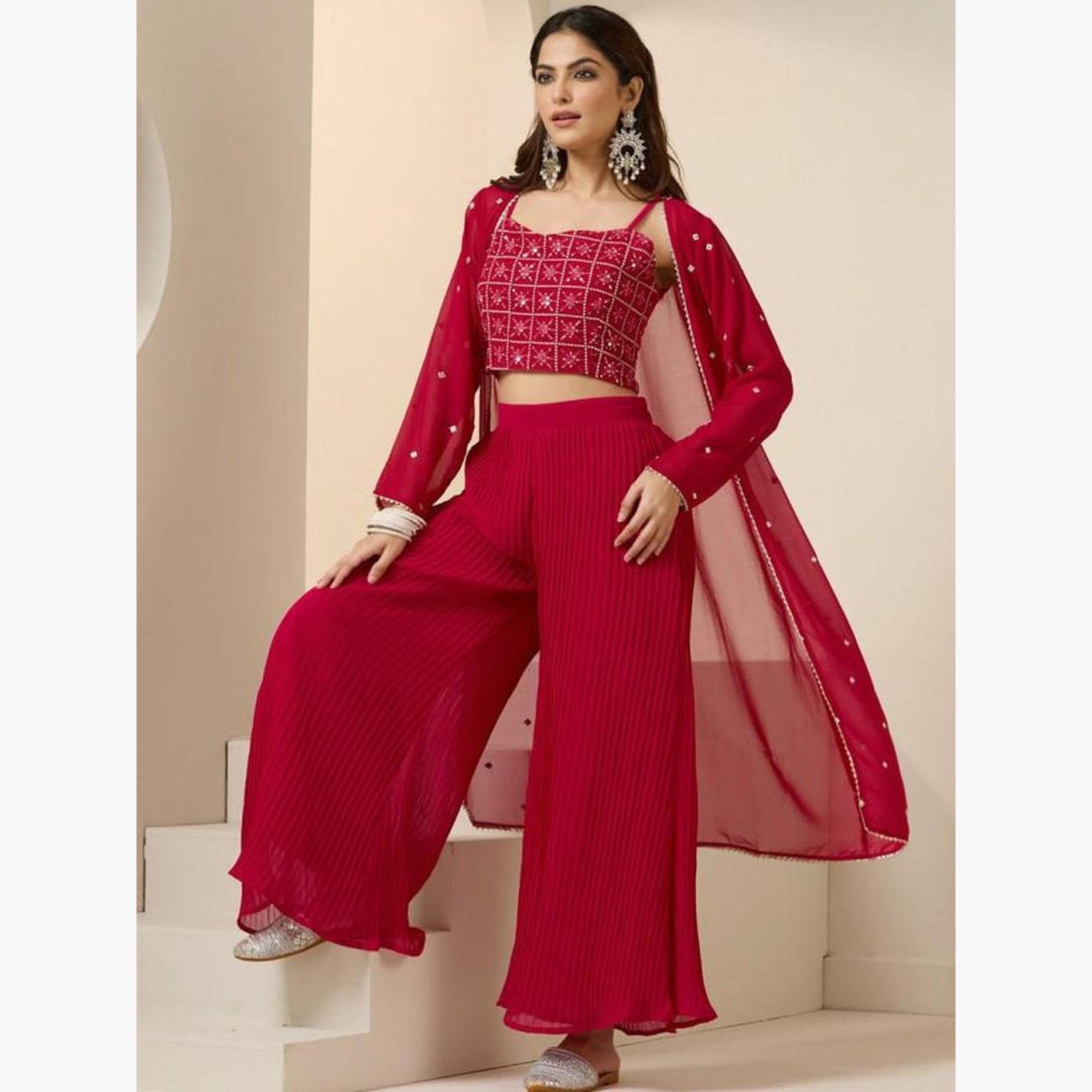 Ishin Flowy Red Georgette Embroidered Top, Shrug and Pants Co-ords-women-clothing-coordsets-image-5