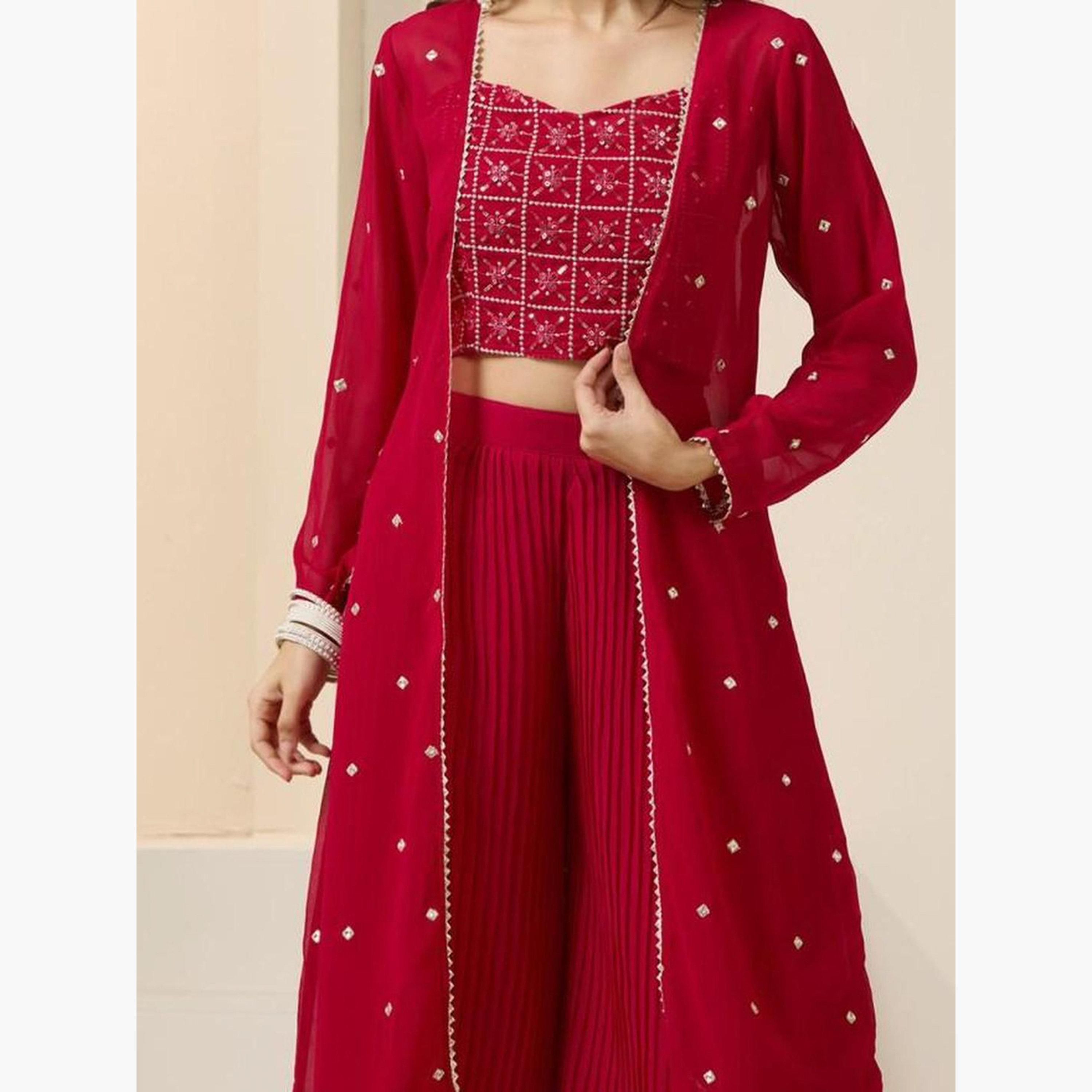 Ishin Flowy Red Georgette Embroidered Top, Shrug and Pants Co-ords-women-clothing-coordsets-image-6