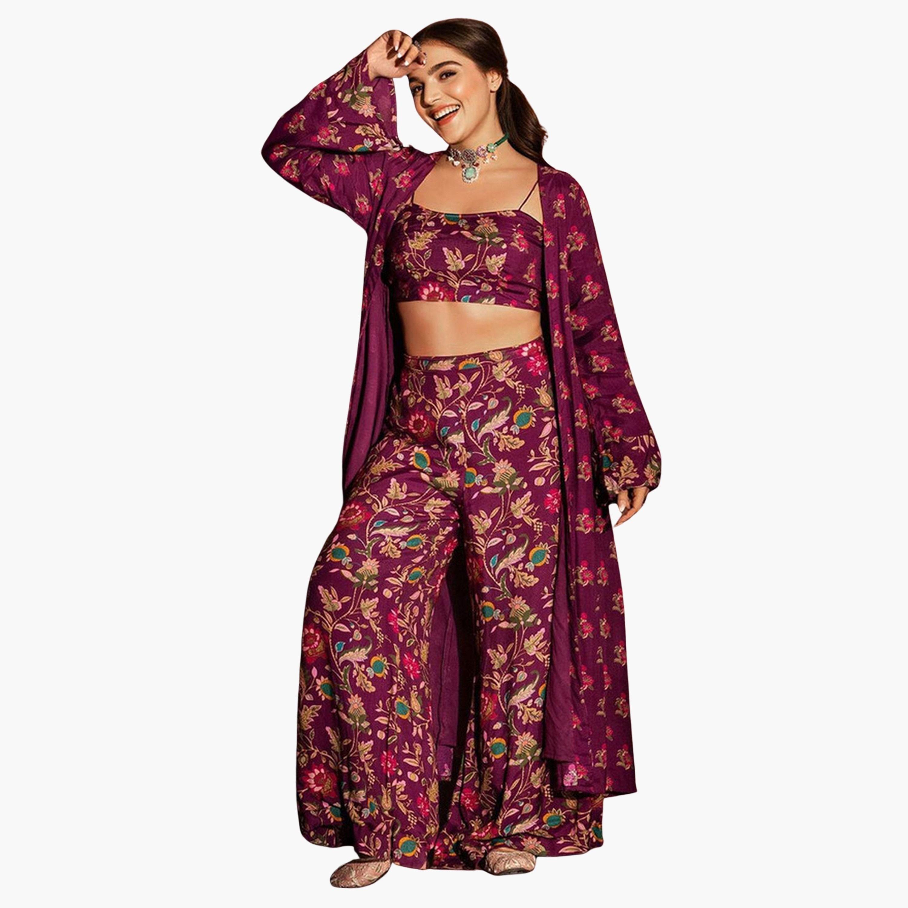 إيشين - كيمونو مزهر، توب قصير وبنطال متناسق-women-clothing-coordsets-image-1