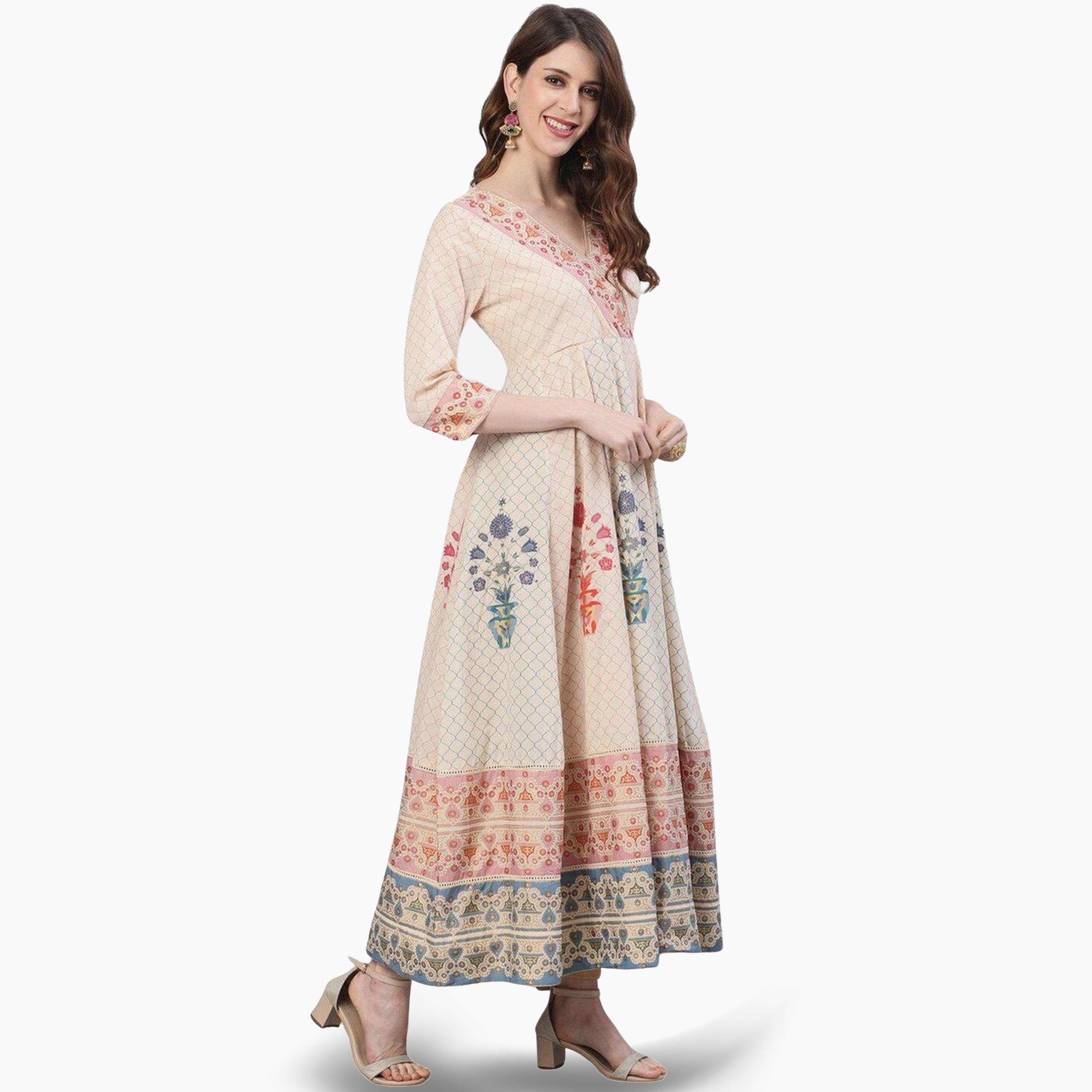 ايشين - قميص طويل كورتا لون بيج بطبعة للنساء مع شال أناركالي-women-clothing-ethnicwear-kurtasets-image-1