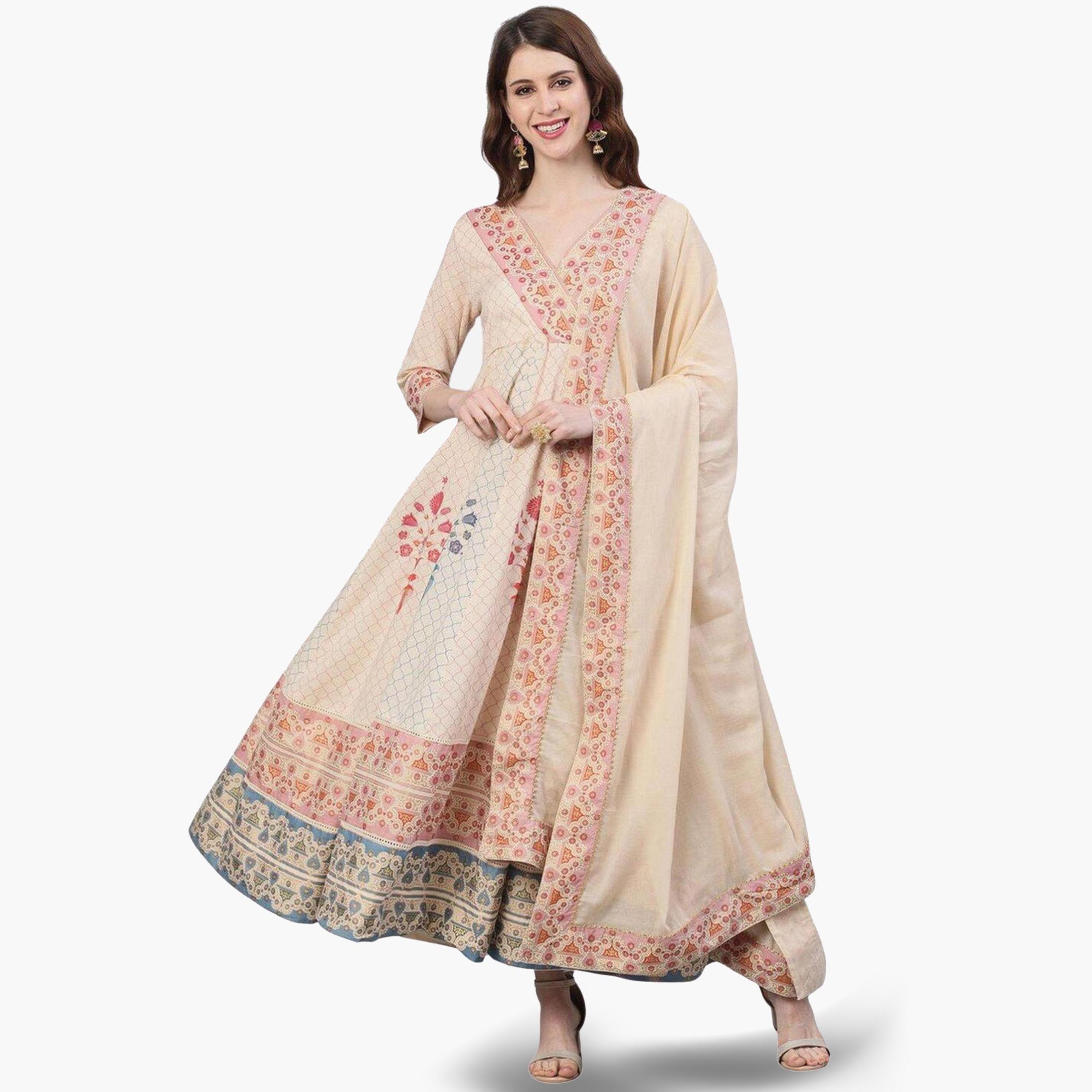 Ishin Women Beige Printed Kurta with Anarkali Dupatta Set-women-clothing-ethnicwear-kurtasets-image-2