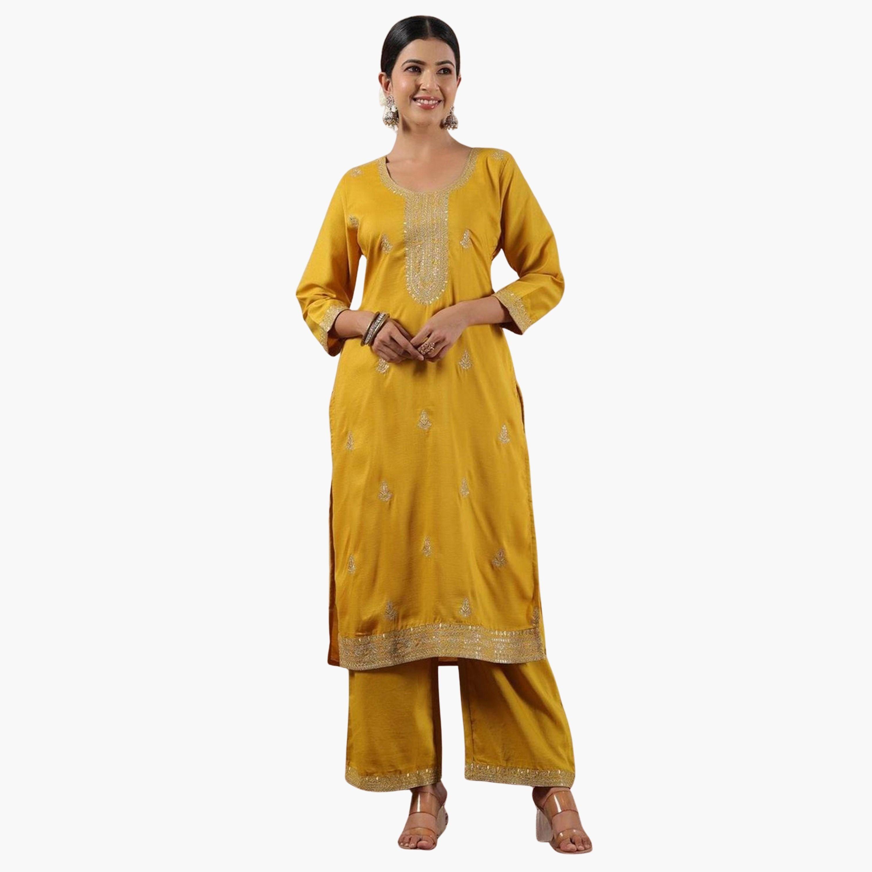 Ishin X Styli Mustard Silk Blend Kurta and Pants Set-women-clothing-ethnicwear-kurtasets-image-1
