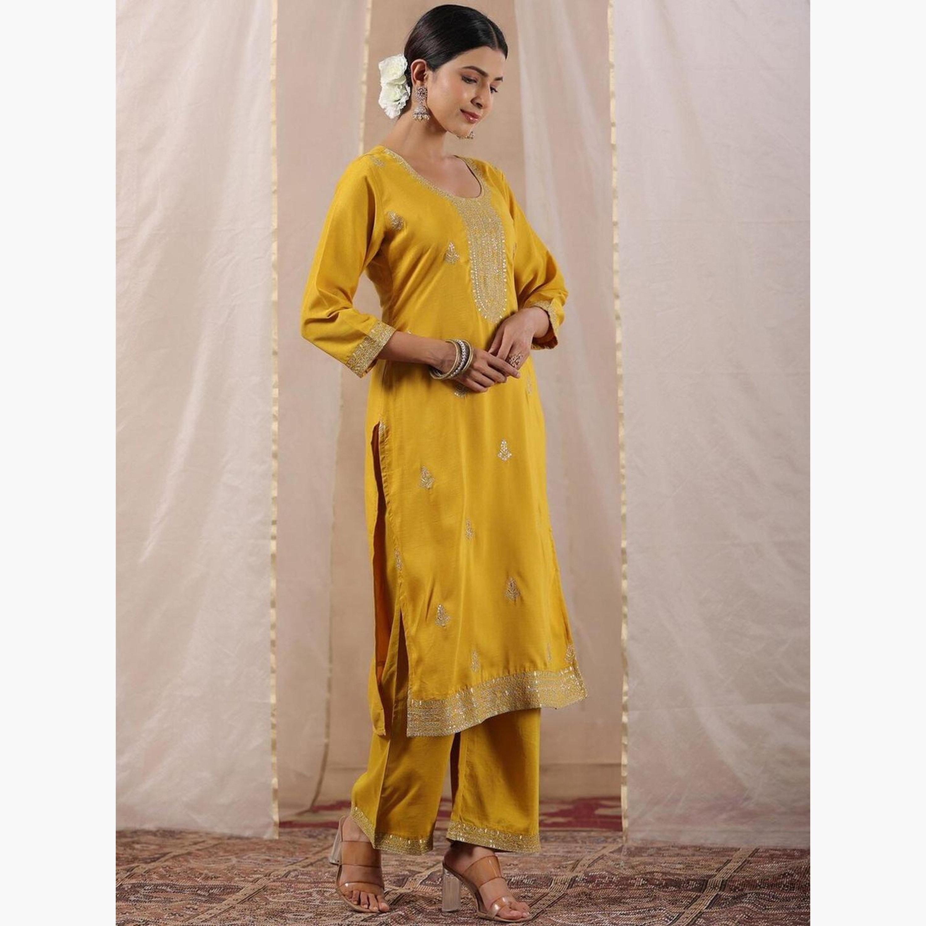 Ishin X Styli Mustard Silk Blend Kurta and Pants Set-women-clothing-ethnicwear-kurtasets-image-3