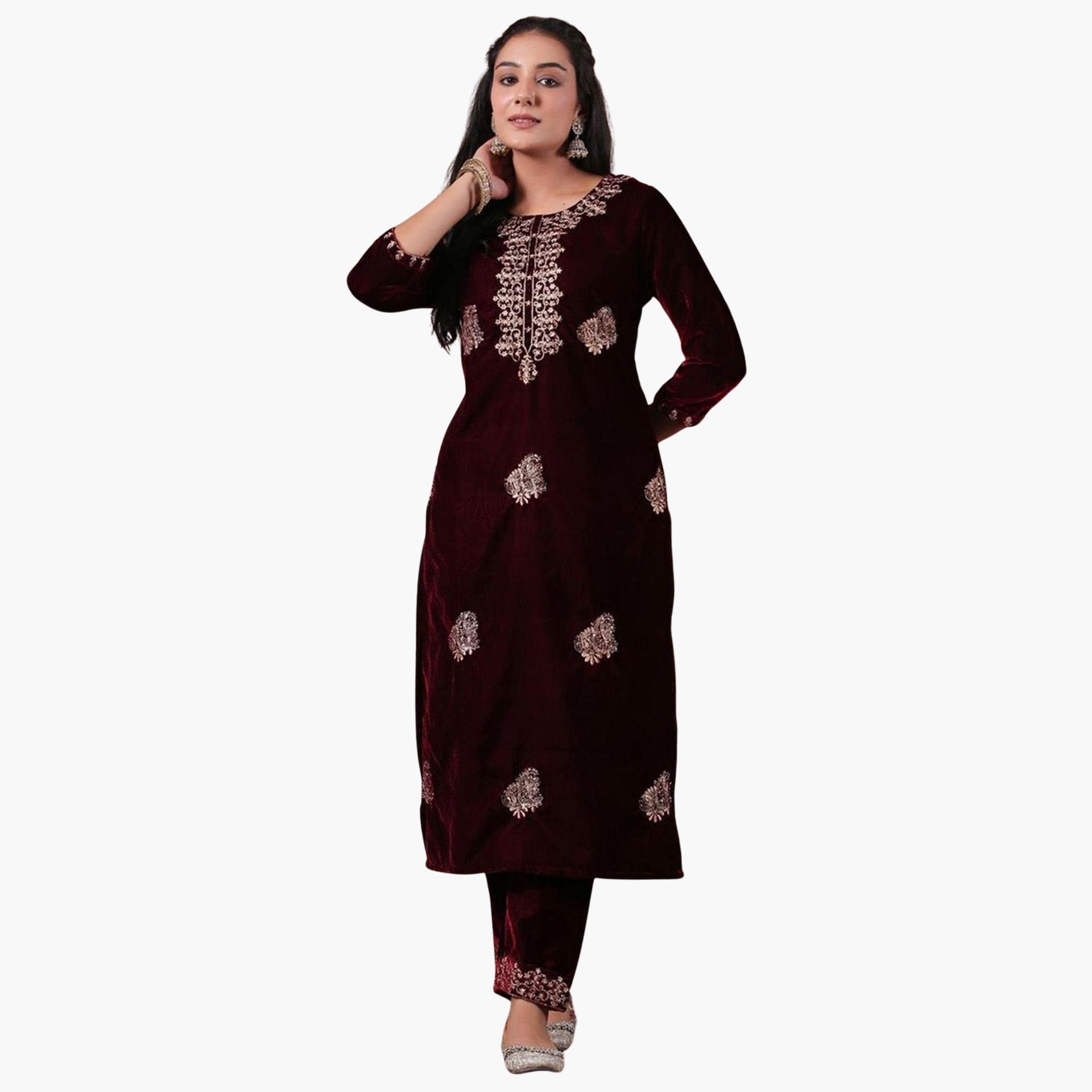 إيشين - طقم كورتا وبنطال مخملي كستنائي-women-clothing-ethnicwear-kurtasets-image-1