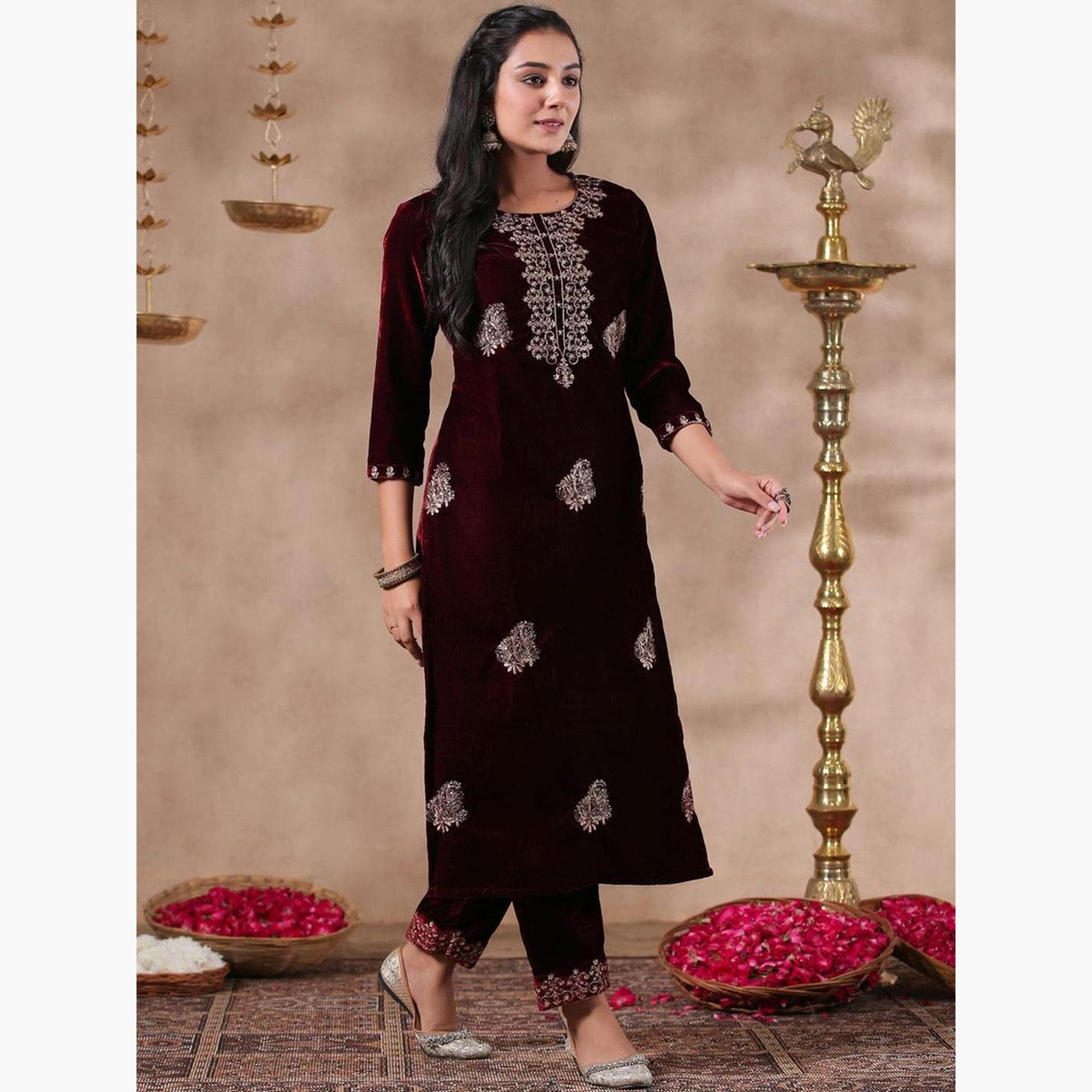 إيشين - طقم كورتا وبنطال مخملي كستنائي-women-clothing-ethnicwear-kurtasets-image-3