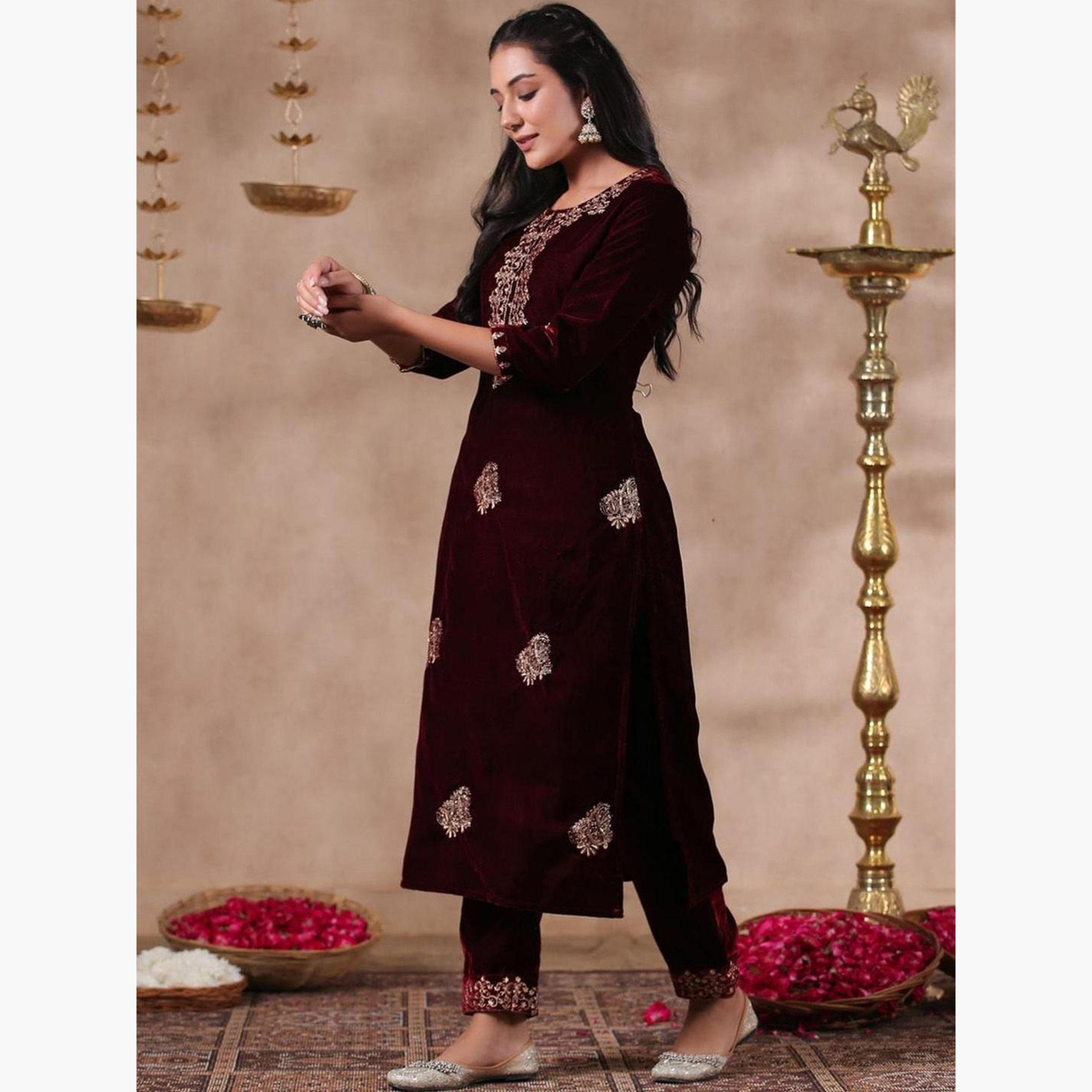 إيشين - طقم كورتا وبنطال مخملي كستنائي-women-clothing-ethnicwear-kurtasets-image-4