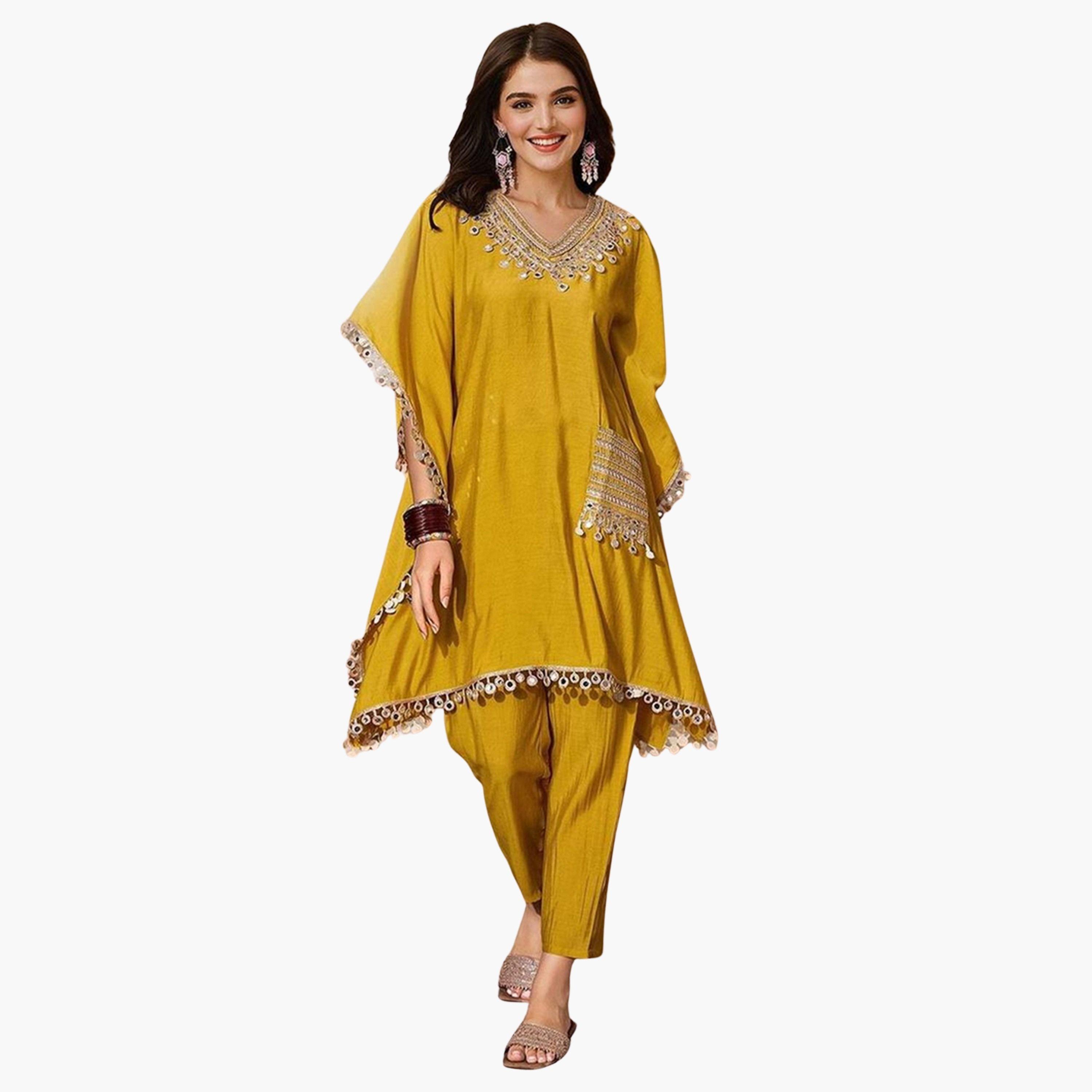 إيشين - طقم كورتا وبنطال من مزيج الحرير الأصفر-women-clothing-ethnicwear-kurtasets-image-1