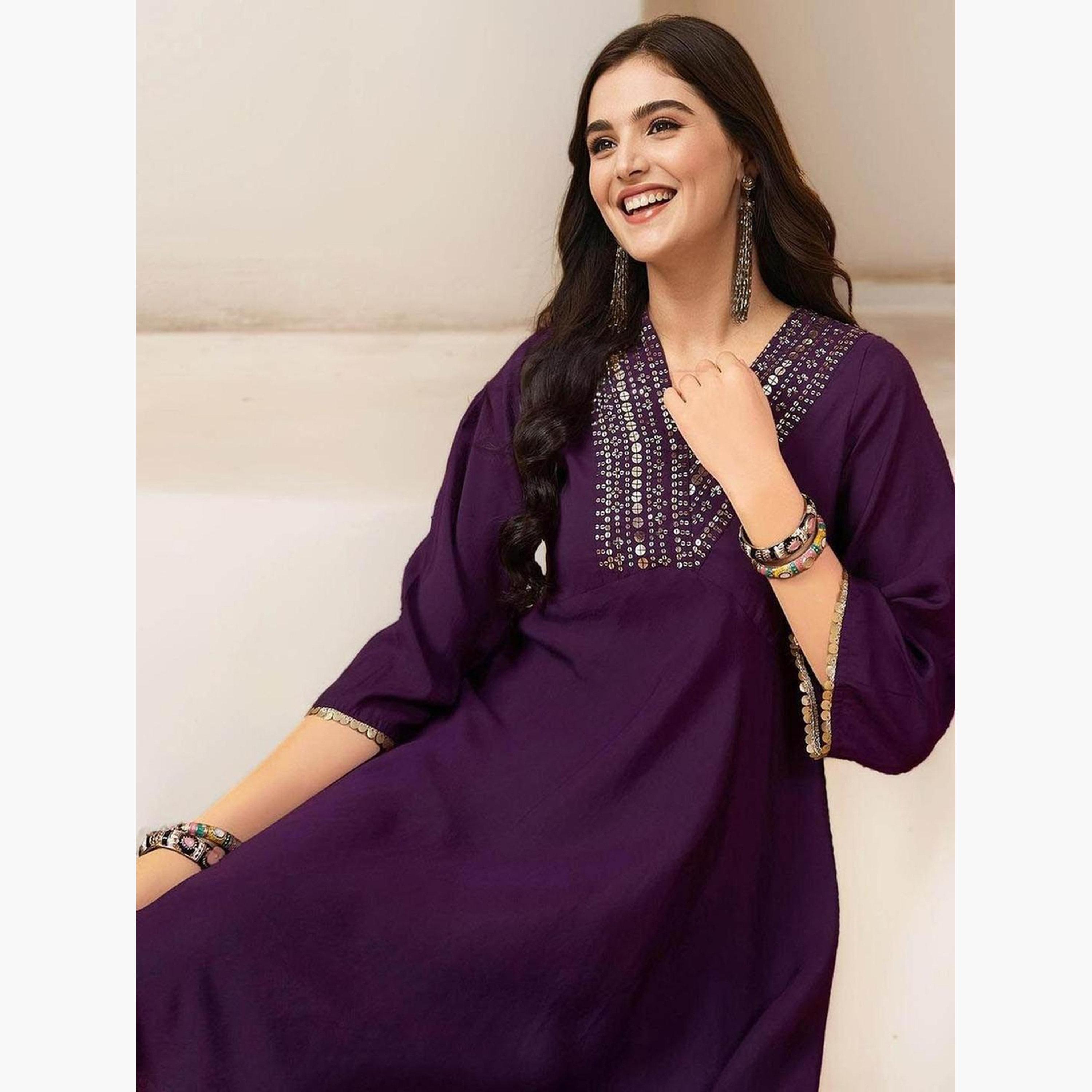 Ishin X Styli Purple Cotton Kurta with Pants Set-women-clothing-ethnicwear-kurtasets-image-4