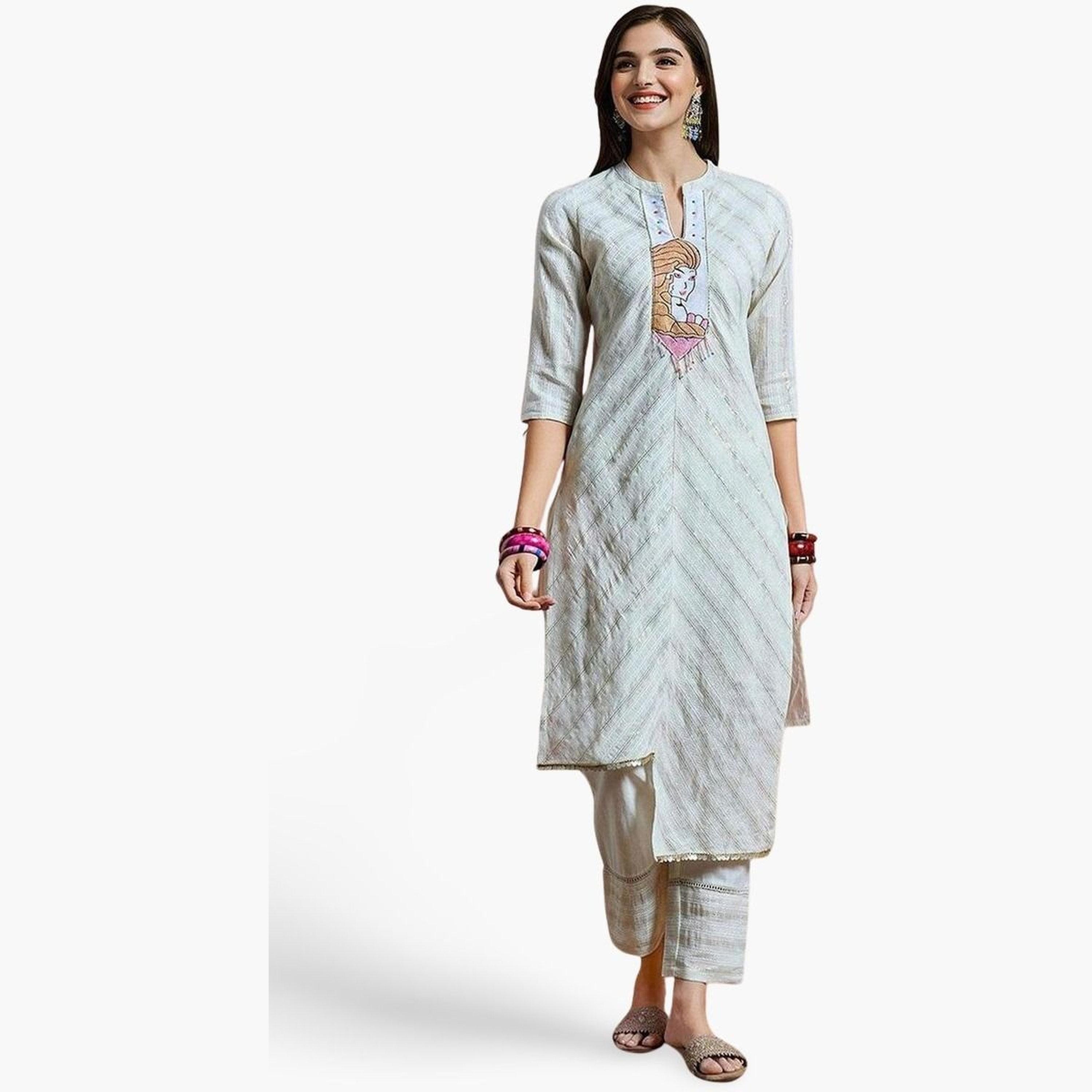 ايشين - كورتا (قميص طويل) مع بنطال من القطن لون اوف وايت-women-clothing-ethnicwear-kurtasets-image-1