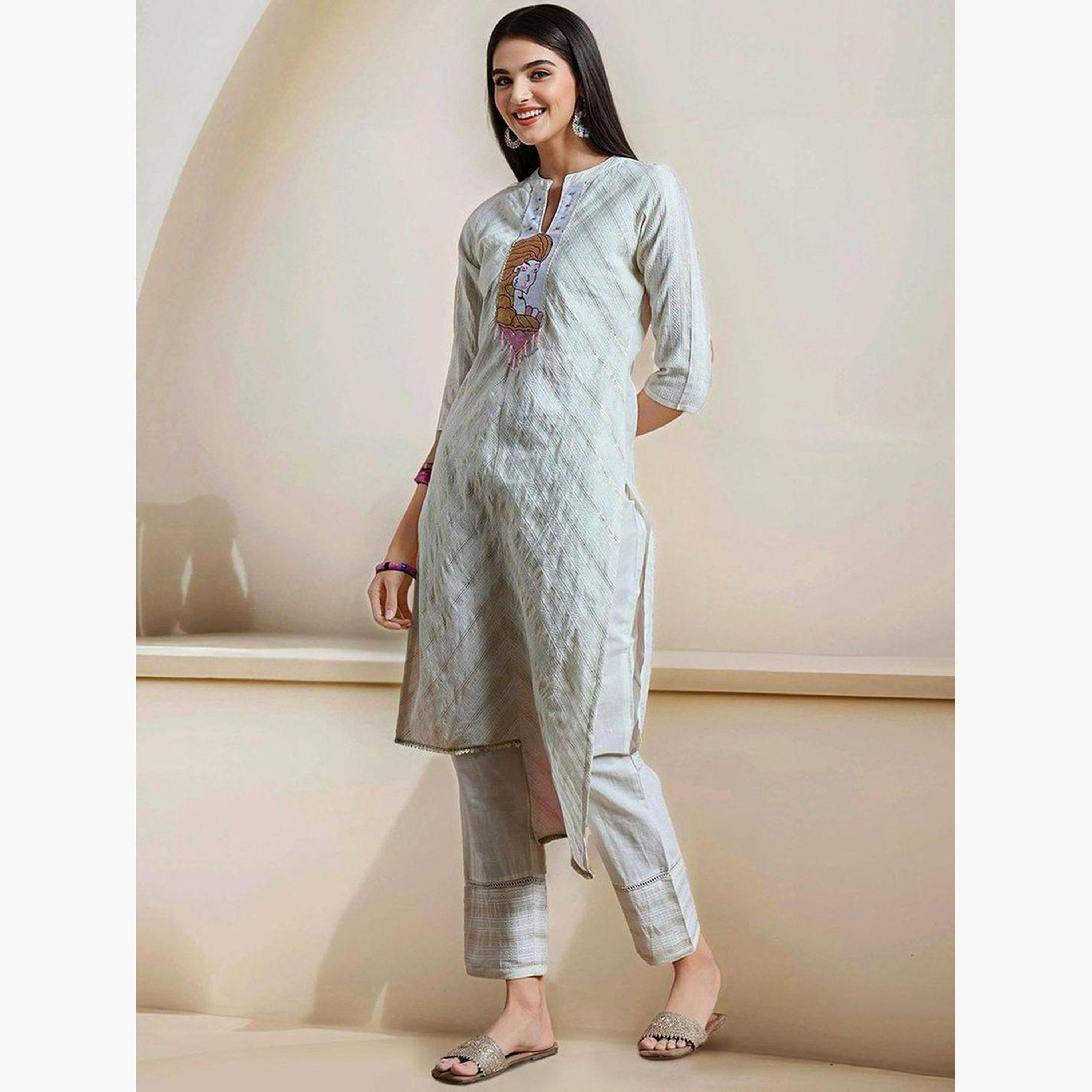 ايشين - كورتا (قميص طويل) مع بنطال من القطن لون اوف وايت-women-clothing-ethnicwear-kurtasets-image-3