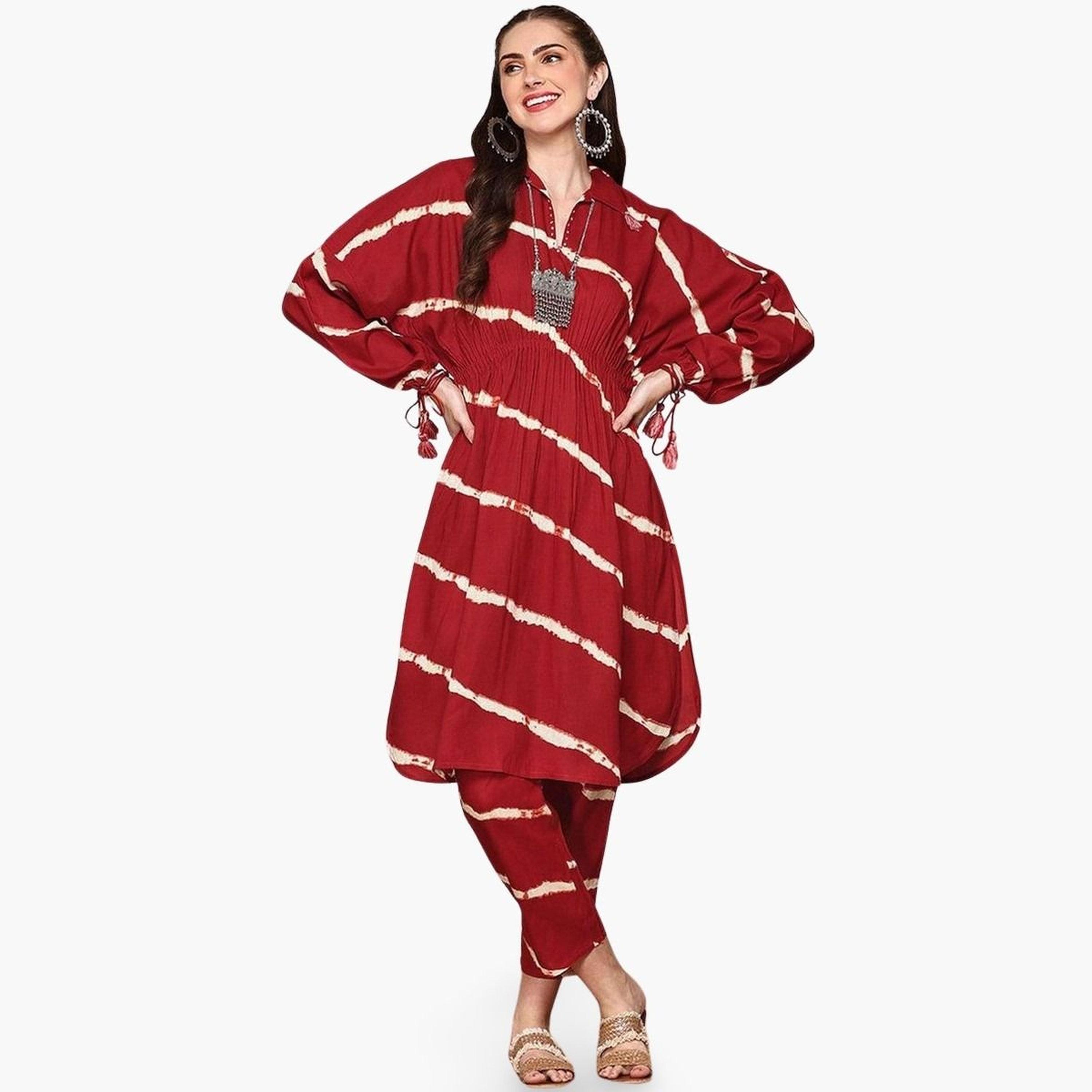 Ishin Red Striped Viscose Kurta with Pants Set-women-clothing-ethnicwear-kurtasets-image-1