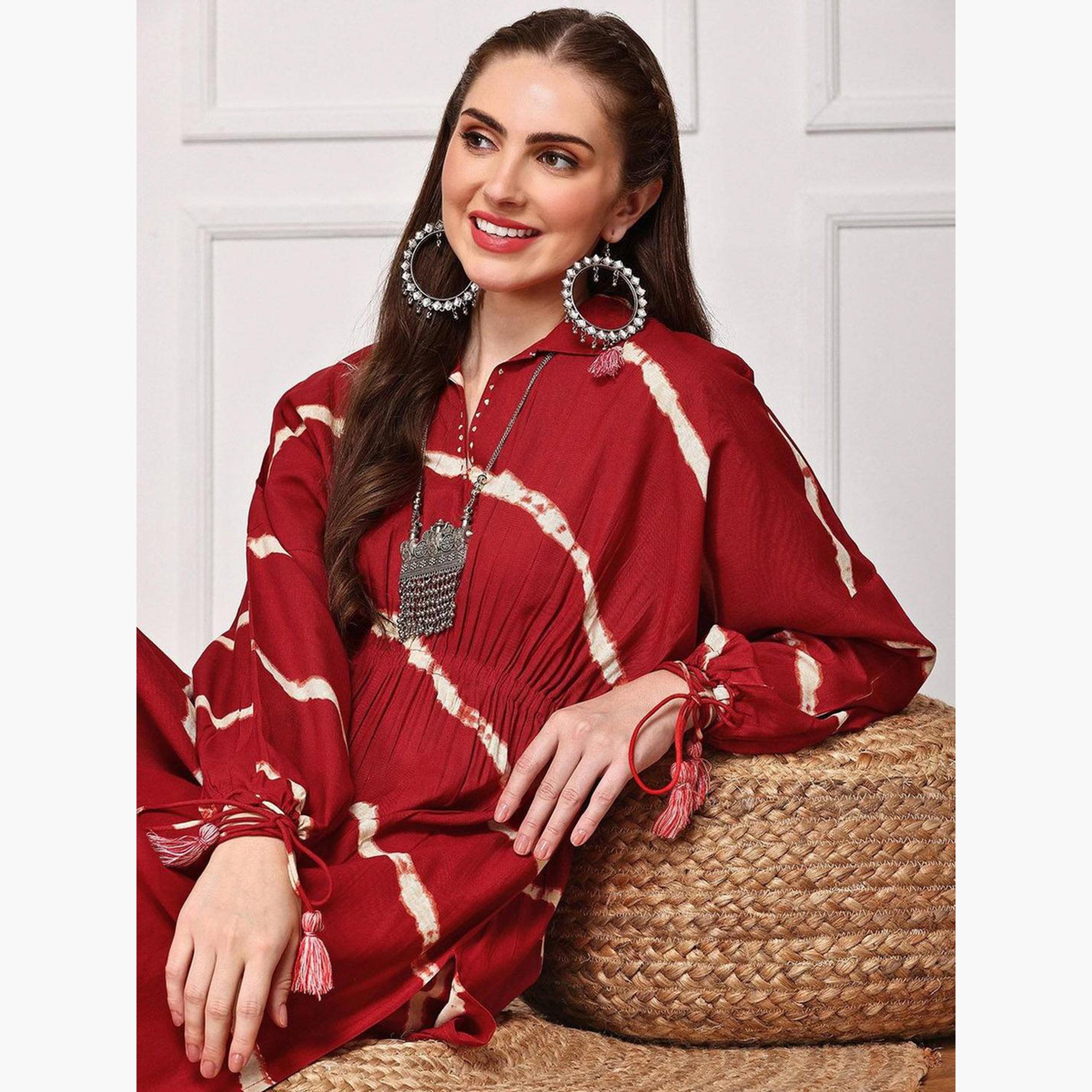 ايشين - كورتا (قميص طويل) فيسكوز مخطط باللون الأحمر مع بنطال-women-clothing-ethnicwear-kurtasets-image-2