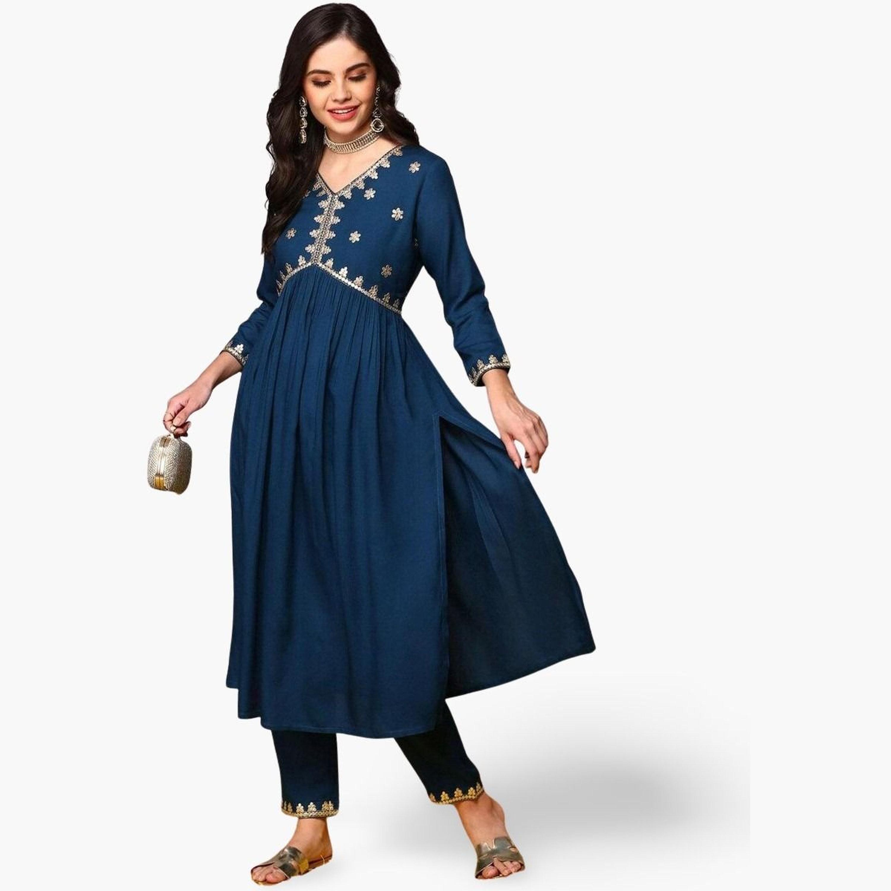 Ishin Blue Viscose Rayon Kurta with Pant Set-women-clothing-ethnicwear-kurtasets-image-1