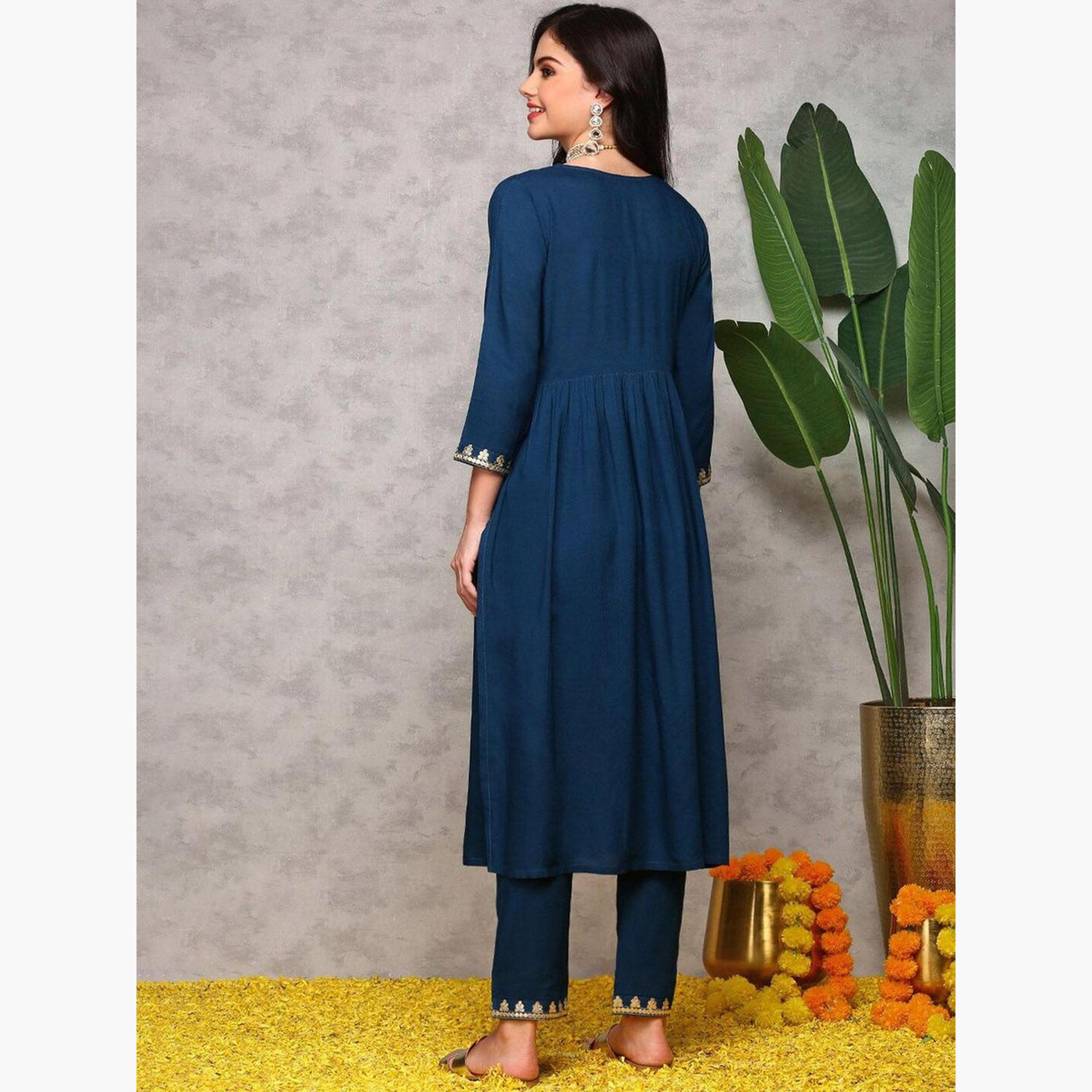 Ishin Blue Viscose Rayon Kurta with Pant Set-women-clothing-ethnicwear-kurtasets-image-4