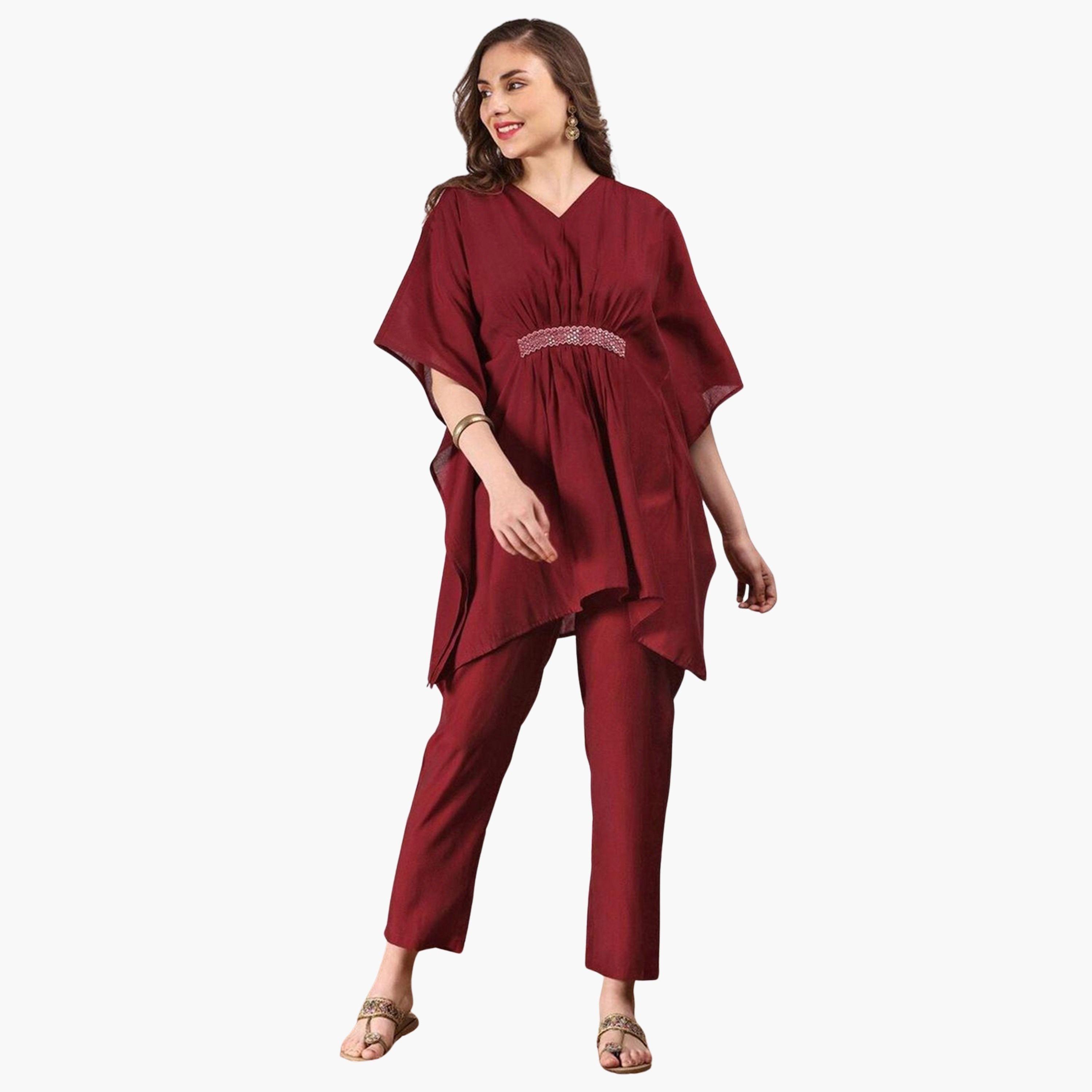 Ishin X Styli Maroon Viscose Kurta and Pants Set-women-clothing-ethnicwear-kurtasets-image-1