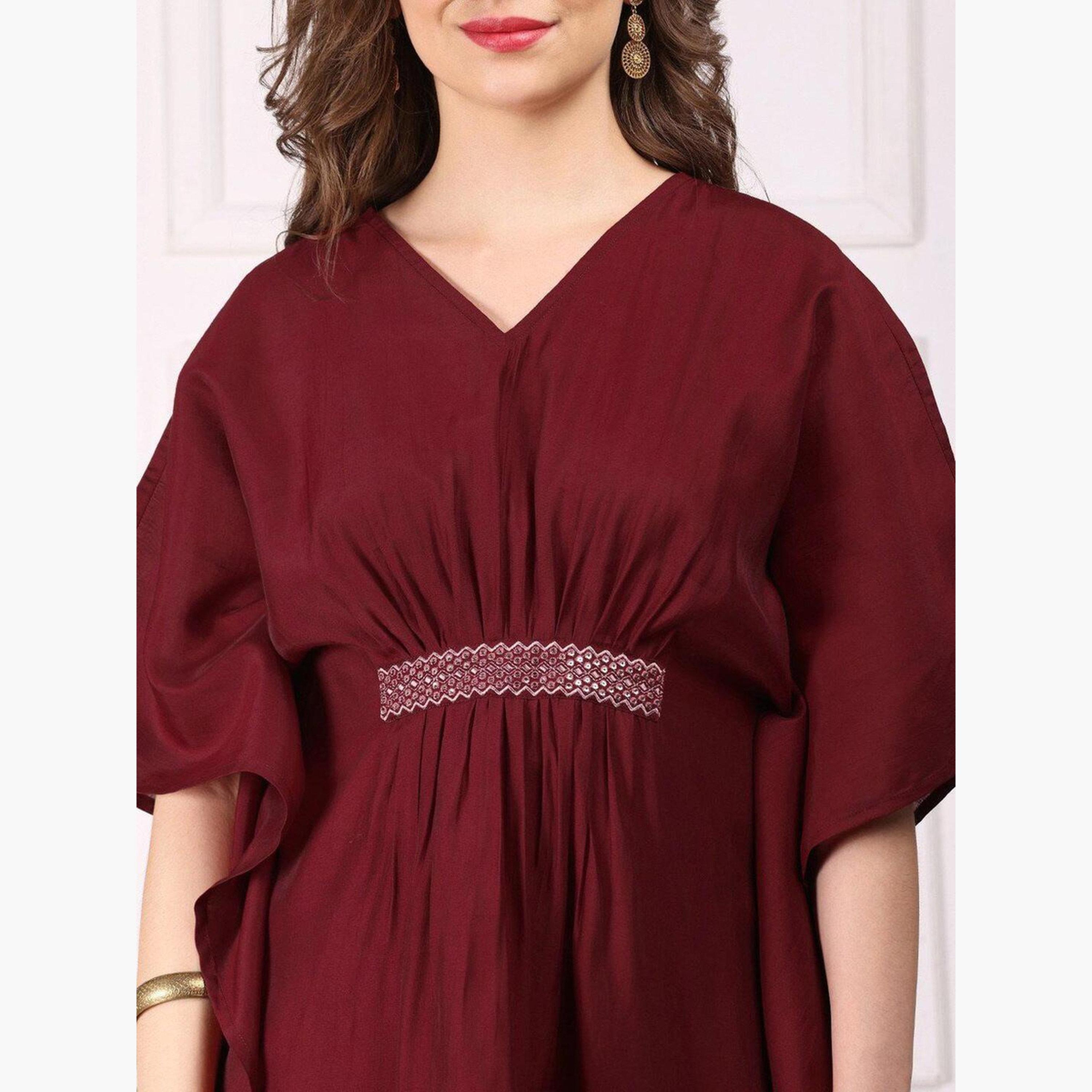 Ishin X Styli Maroon Viscose Kurta and Pants Set-women-clothing-ethnicwear-kurtasets-image-2