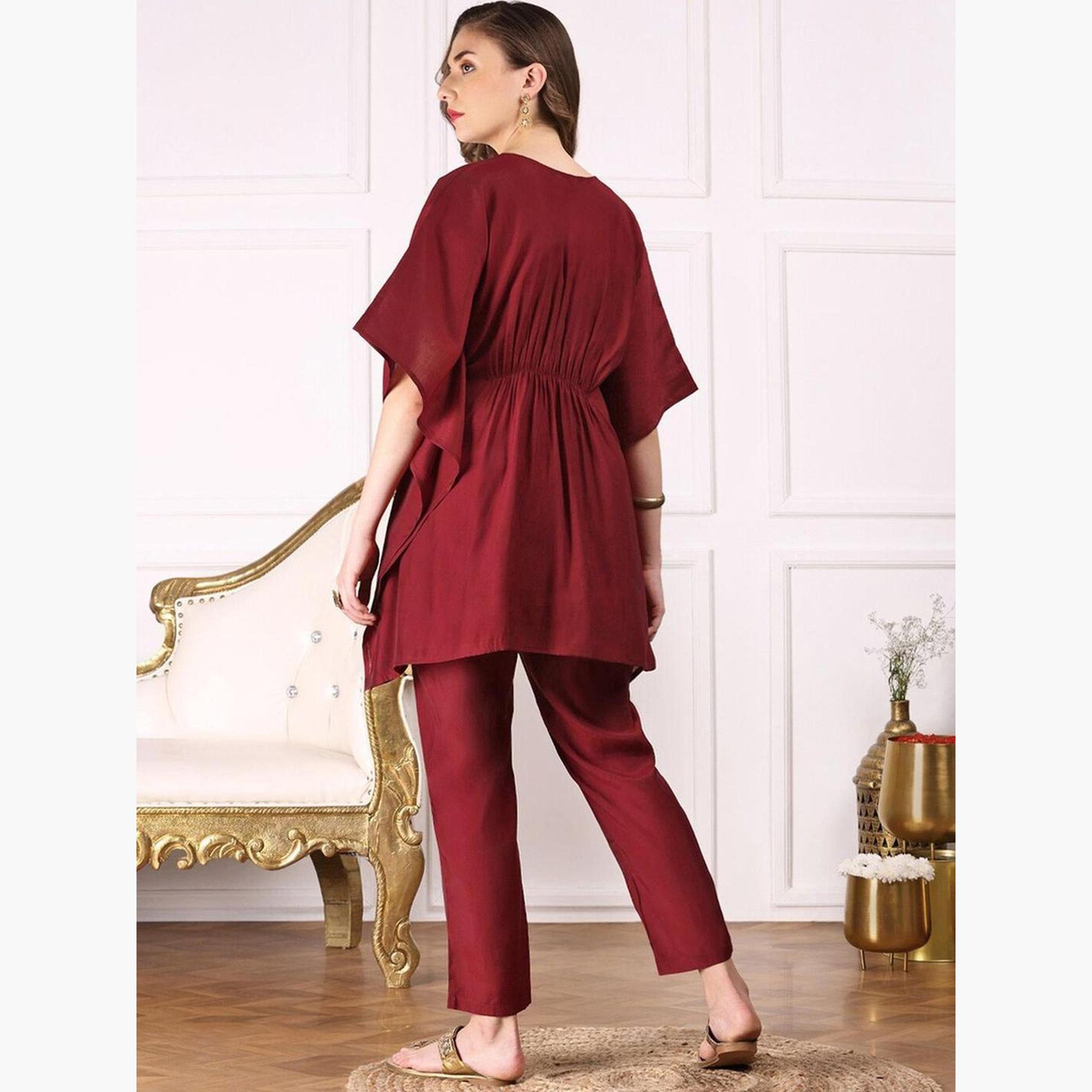 Ishin X Styli Maroon Viscose Kurta and Pants Set-women-clothing-ethnicwear-kurtasets-image-4