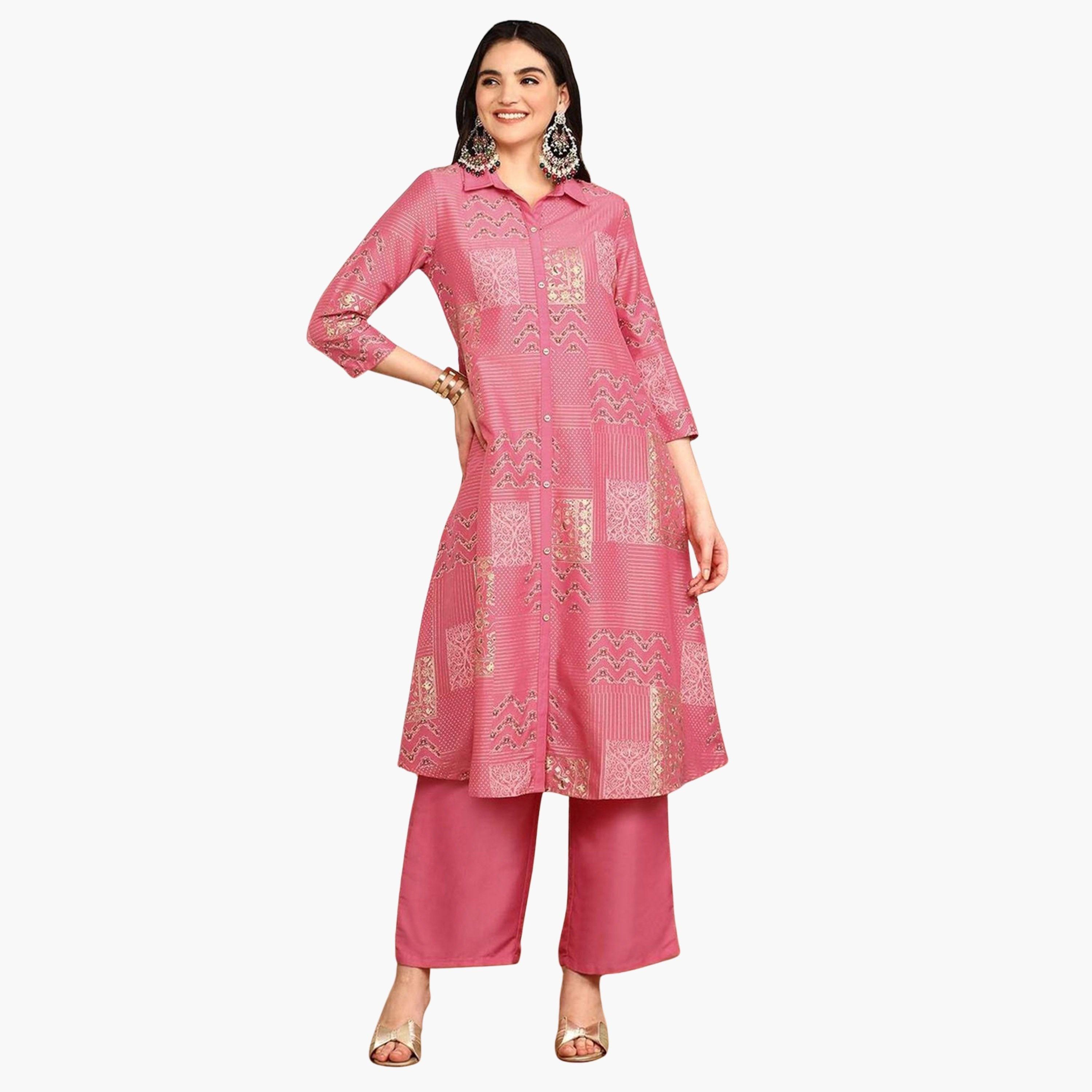 Ishin X Styli Pink Chinon Kurta and Pant Set-women-clothing-ethnicwear-kurtasets-image-1