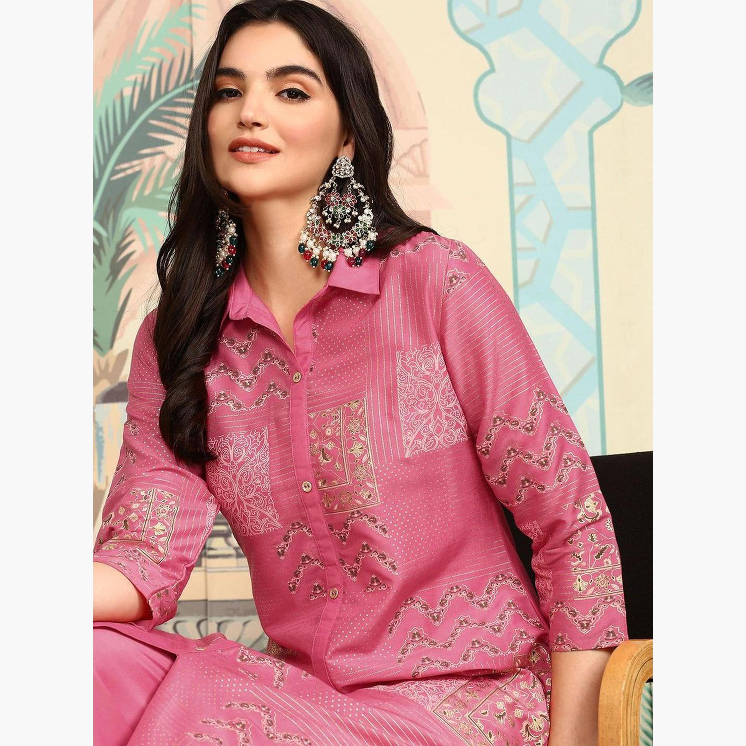 Ishin X Styli Pink Chinon Kurta and Pant Set-women-clothing-ethnicwear-kurtasets-image-4