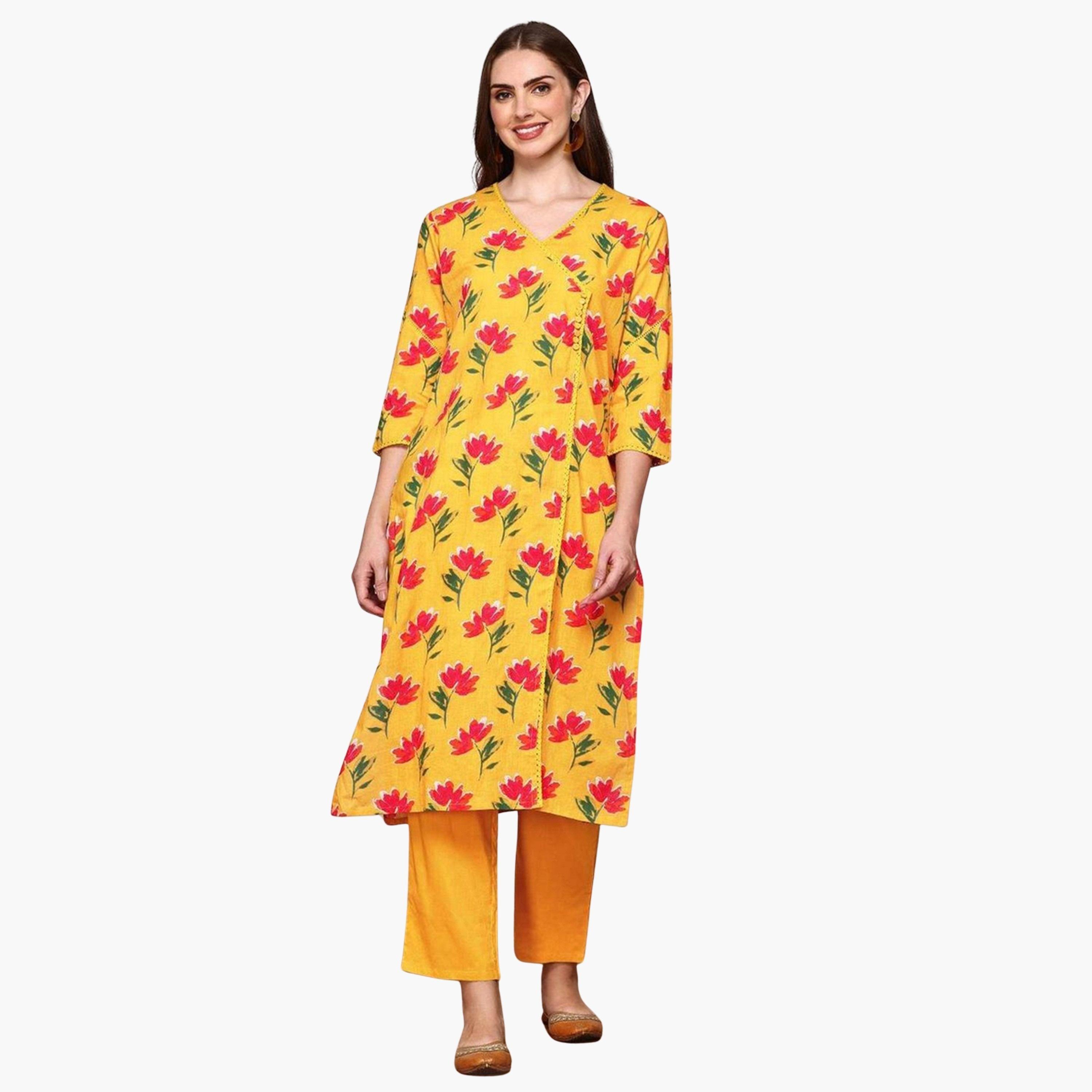 إيشين - طقم كورتا وبنطال من مزيج القطن بنقشة زهور لون خردل-women-clothing-ethnicwear-kurtasets-image-1
