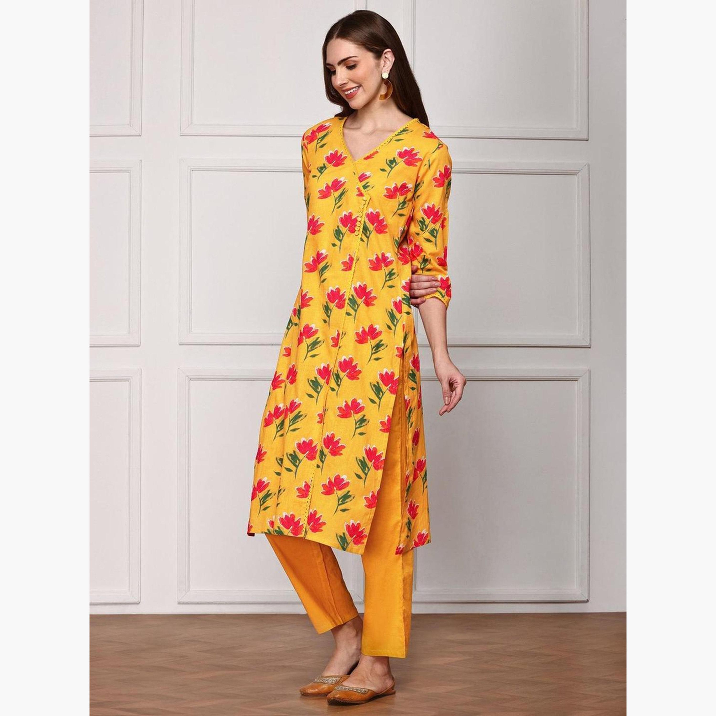 إيشين - طقم كورتا وبنطال من مزيج القطن بنقشة زهور لون خردل-women-clothing-ethnicwear-kurtasets-image-2