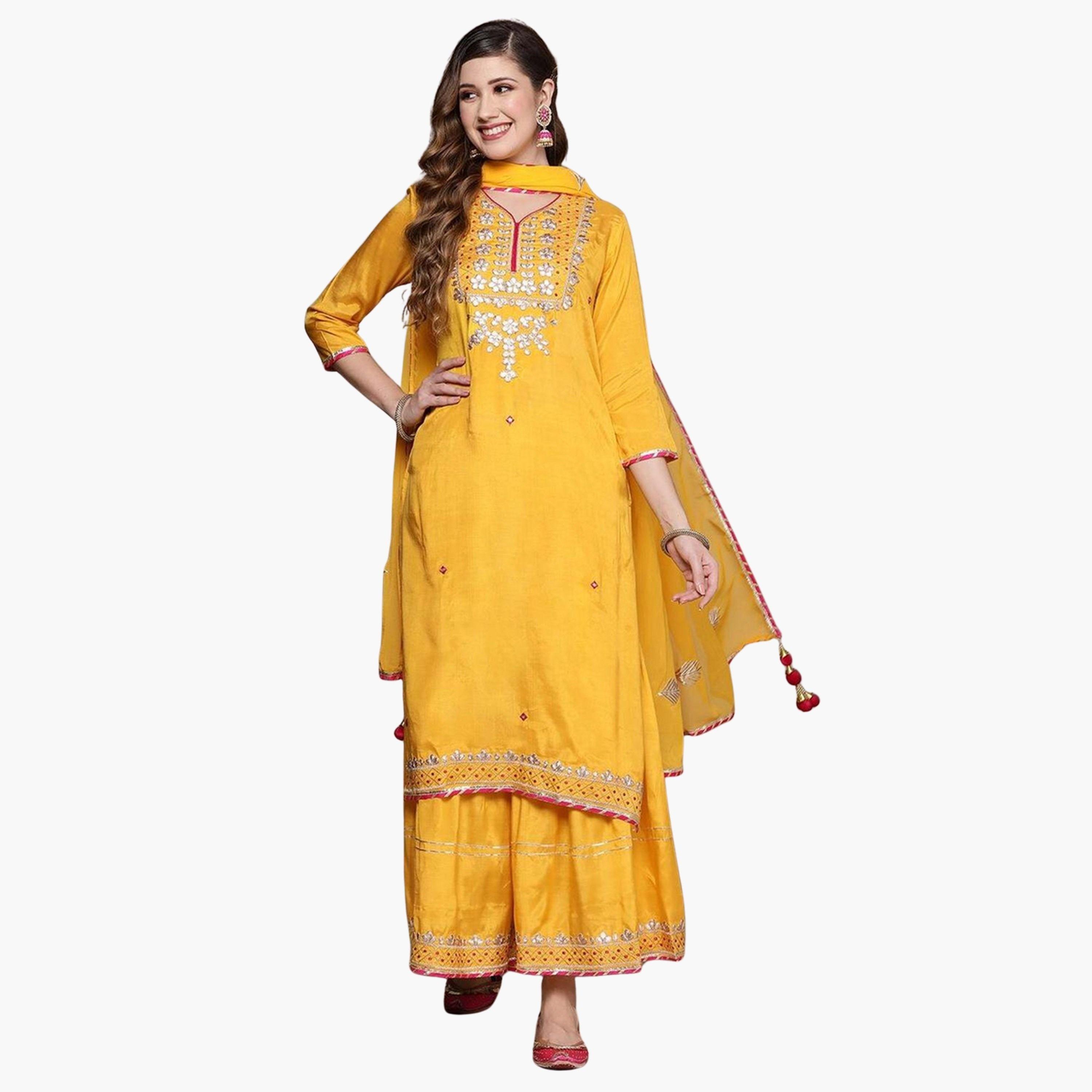 إيشين - طقم كورتا رايون أصفر مع بنطال دوباتا-women-clothing-ethnicwear-kurtasets-image-1