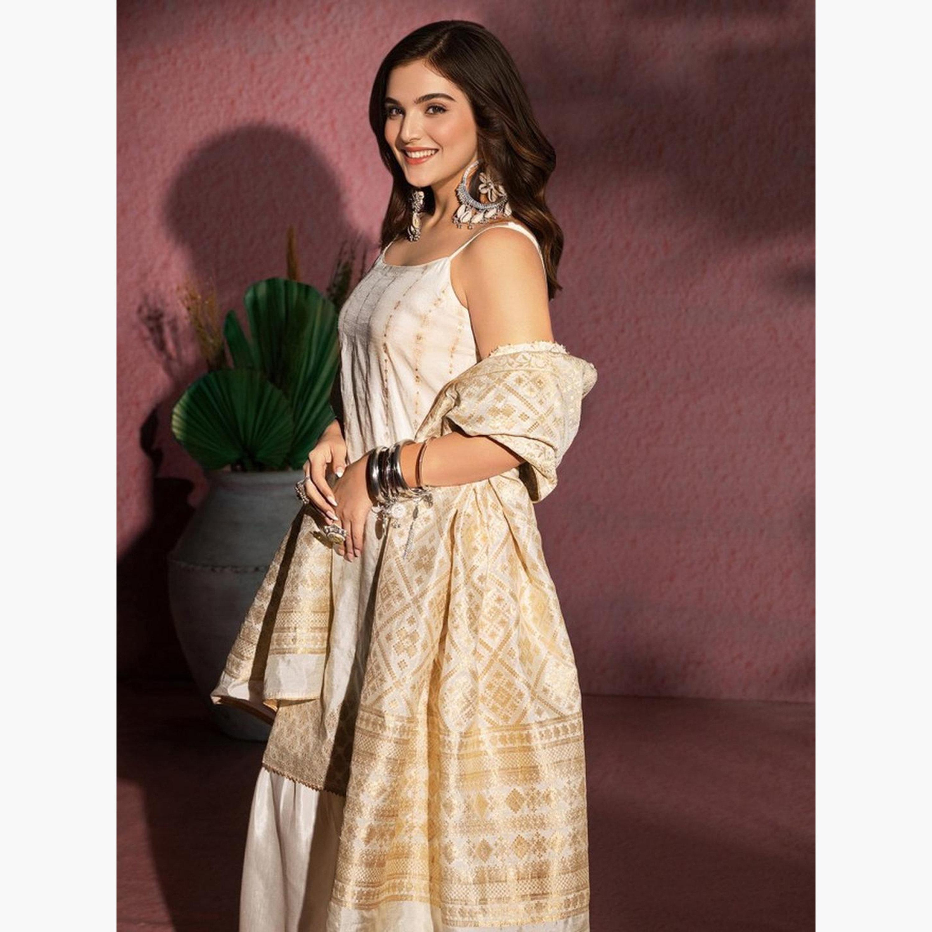إيشين - طقم كورتا رايون أبيض عاجي مع بنطال ووشاح-women-clothing-ethnicwear-kurtasets-image-2