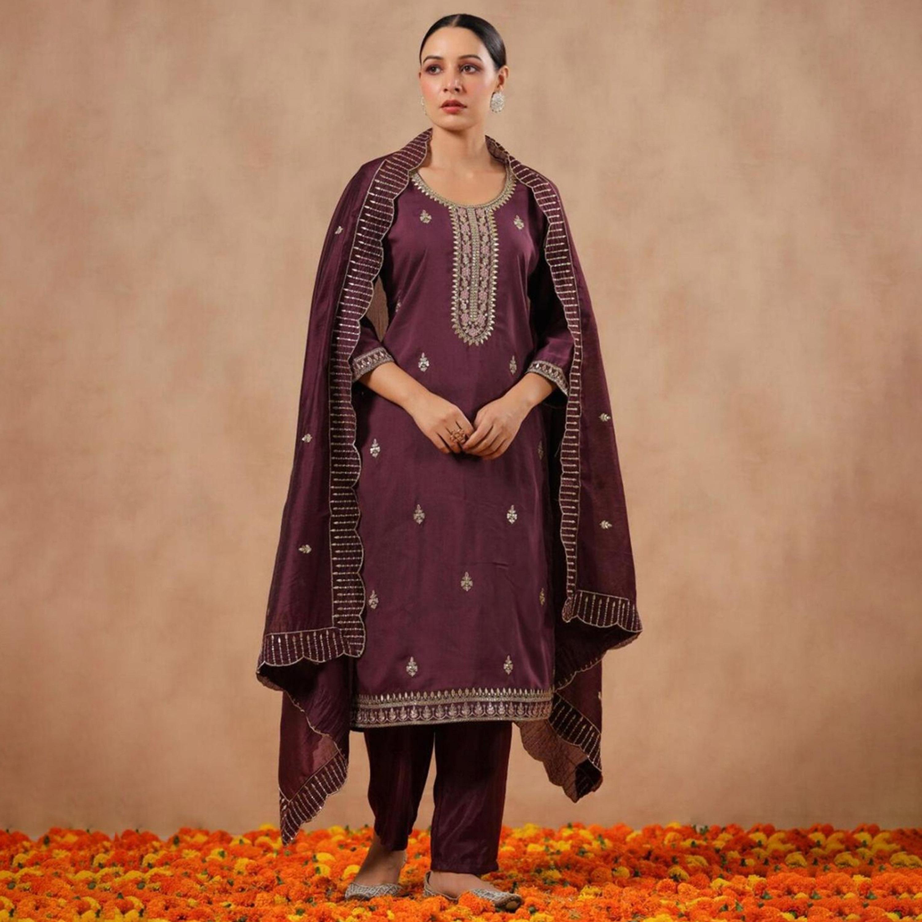 إيشين - طقم كورتا من مزيج الحرير الأرجواني مع بنطال دوباتا-women-clothing-ethnicwear-kurtasets-image-1