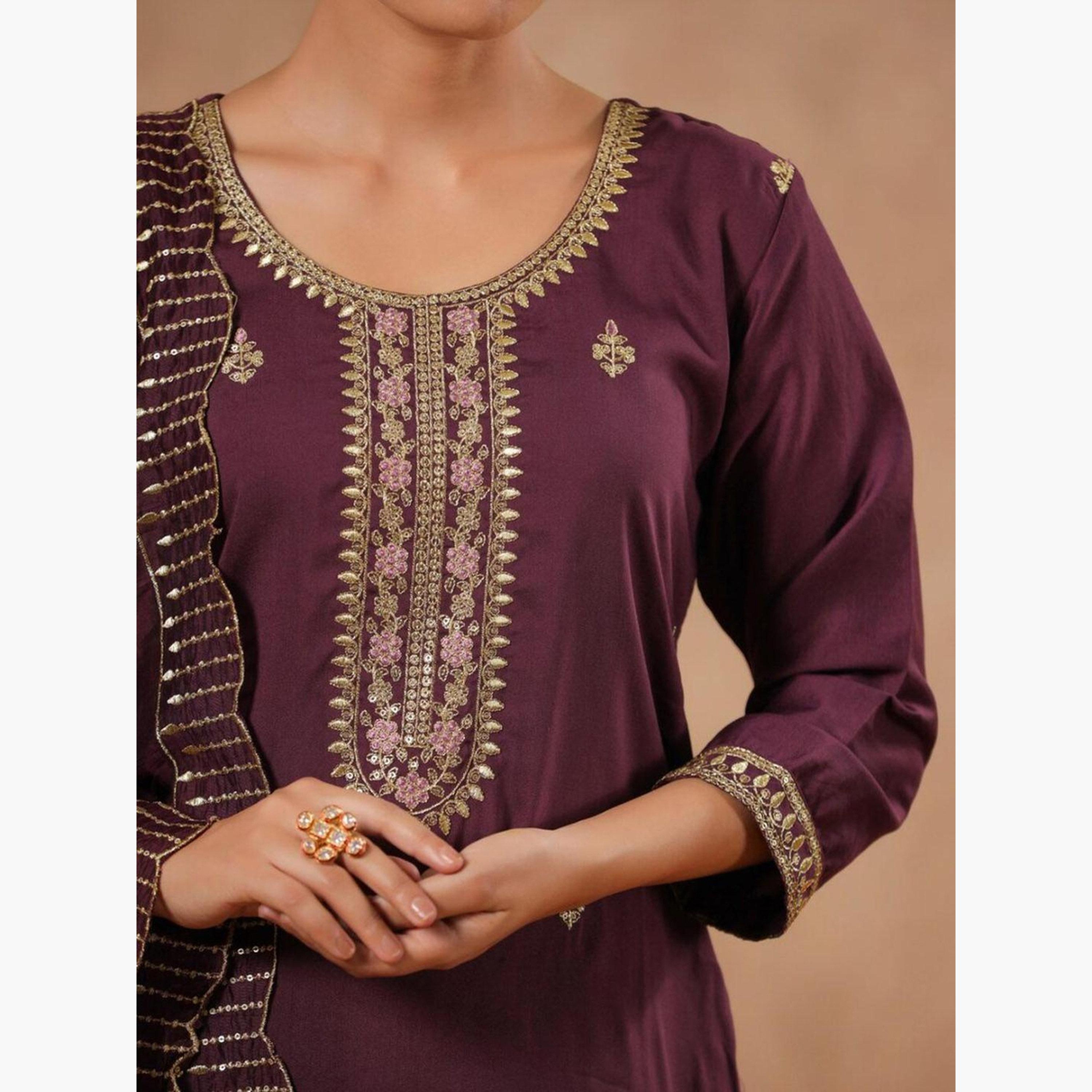 إيشين - طقم كورتا من مزيج الحرير الأرجواني مع بنطال دوباتا-women-clothing-ethnicwear-kurtasets-image-2