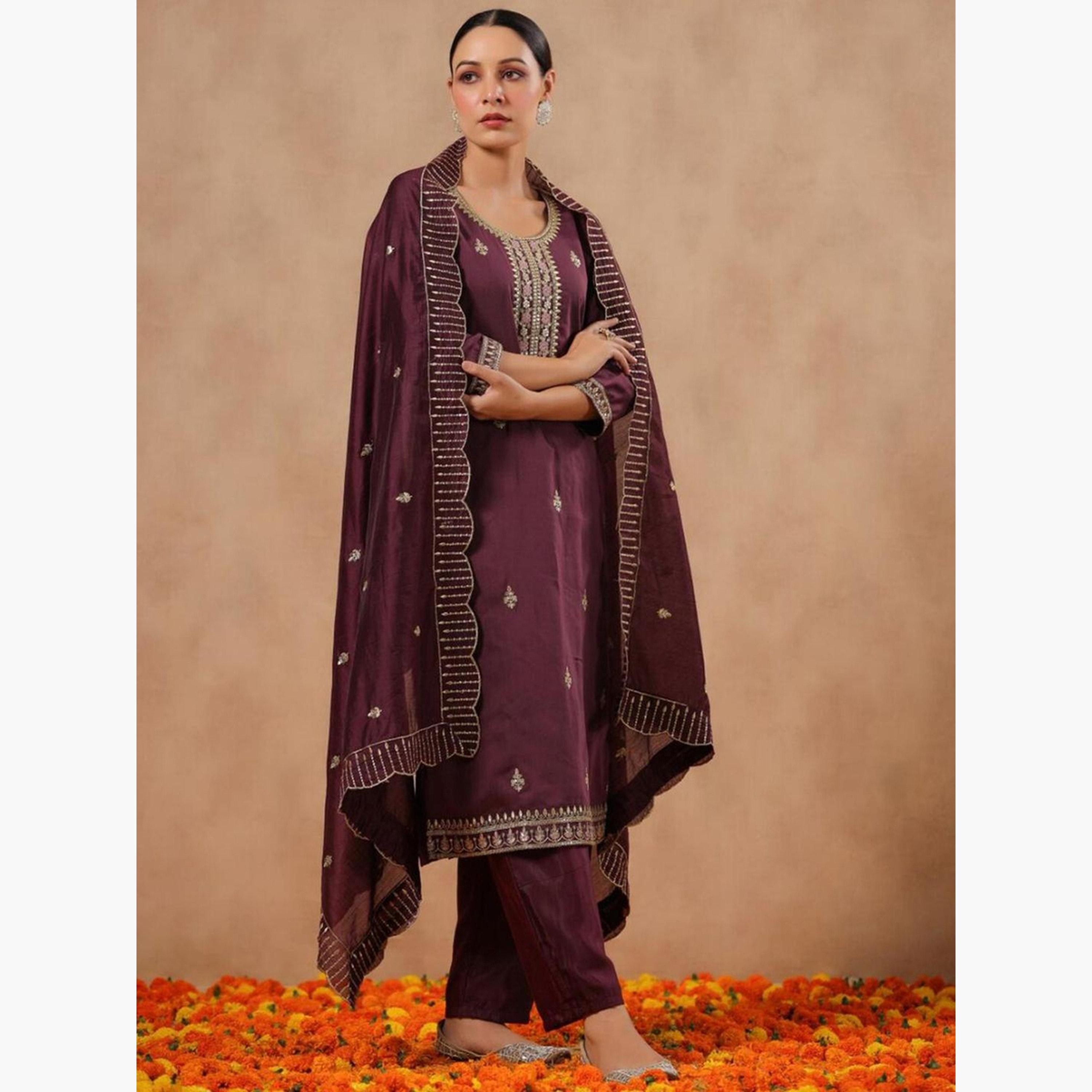 إيشين - طقم كورتا من مزيج الحرير الأرجواني مع بنطال دوباتا-women-clothing-ethnicwear-kurtasets-image-3