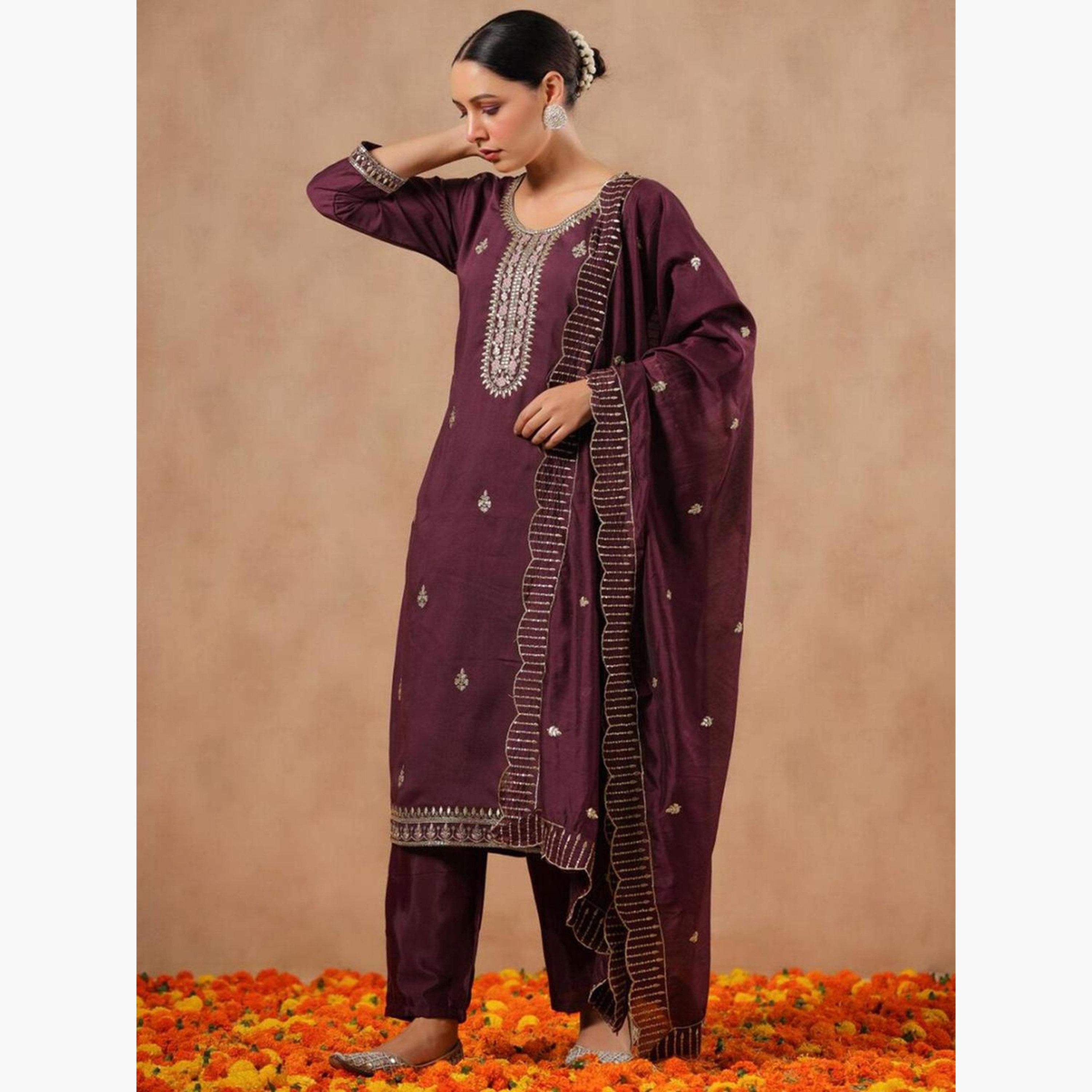 إيشين - طقم كورتا من مزيج الحرير الأرجواني مع بنطال دوباتا-women-clothing-ethnicwear-kurtasets-image-4