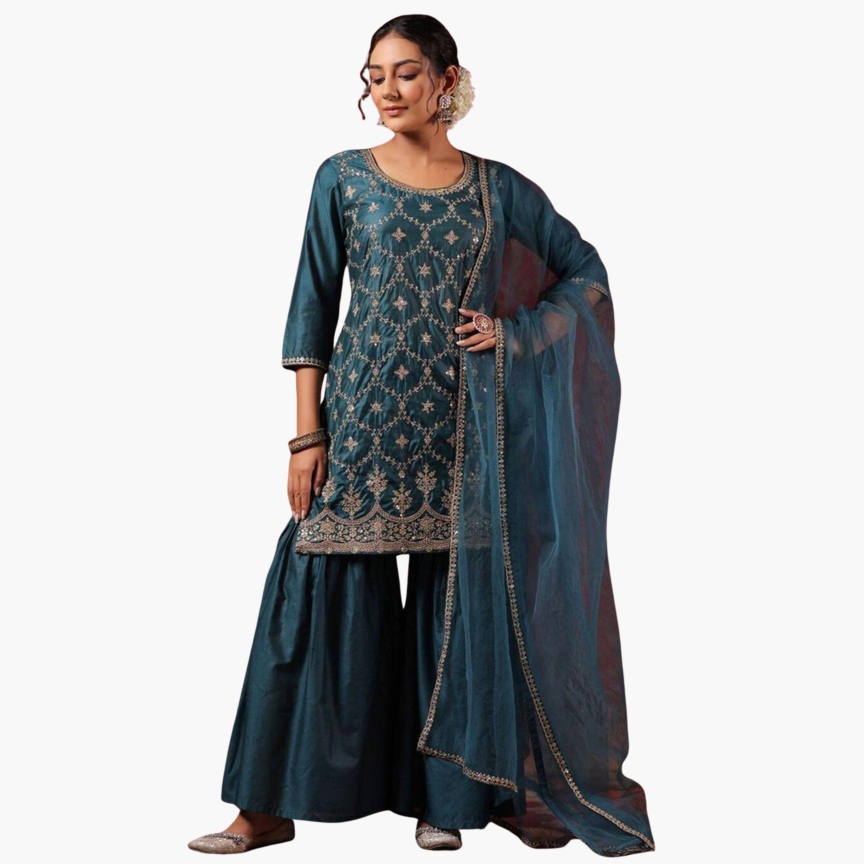 Ishin X Styli Teal Silk Blend Kurta with Pants and Dupatta Set-women-clothing-ethnicwear-kurtasets-image-1