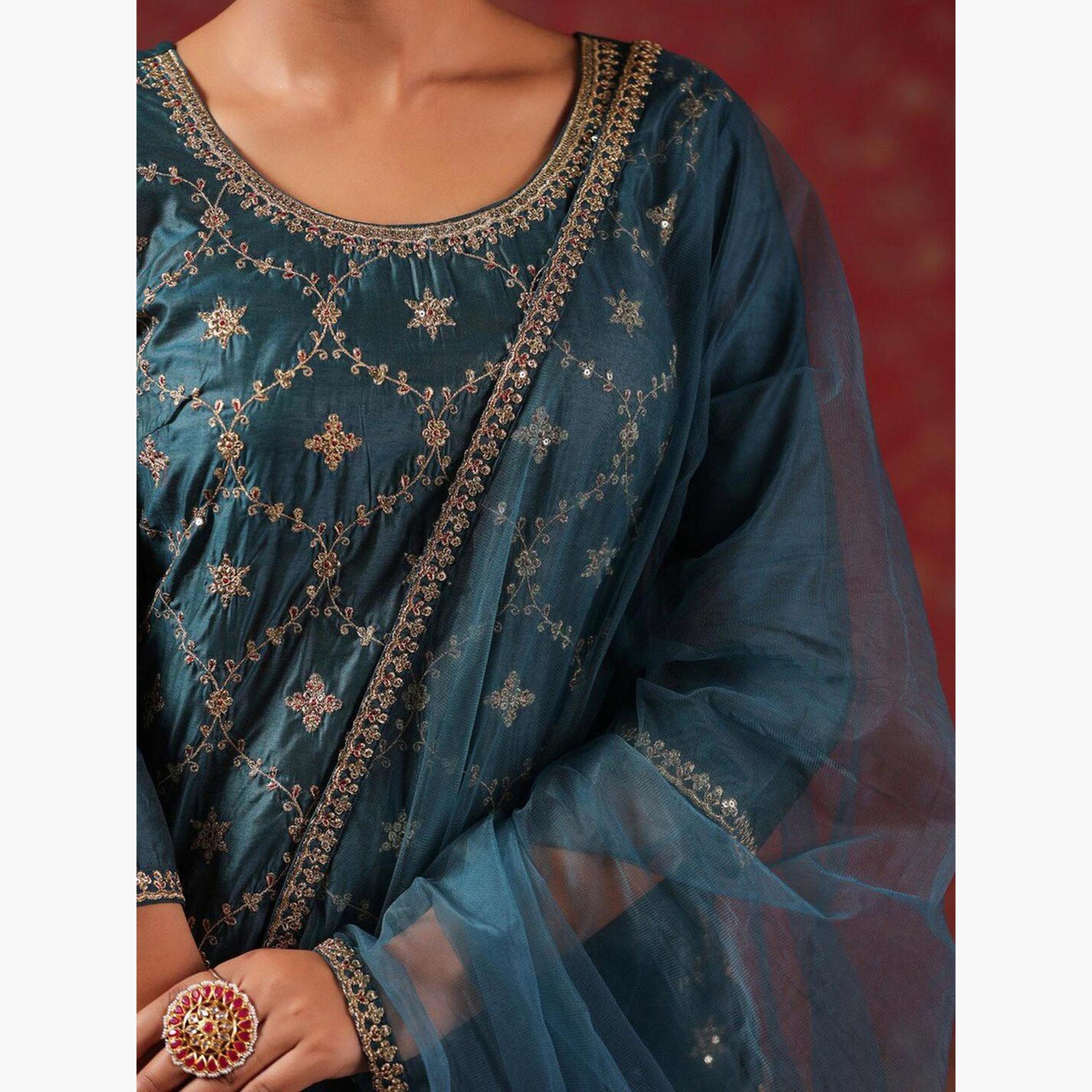 إيشين - طقم كورتا من مزيج الحرير لون أزرق المخضر مع بنطال ووشاح-women-clothing-ethnicwear-kurtasets-image-2