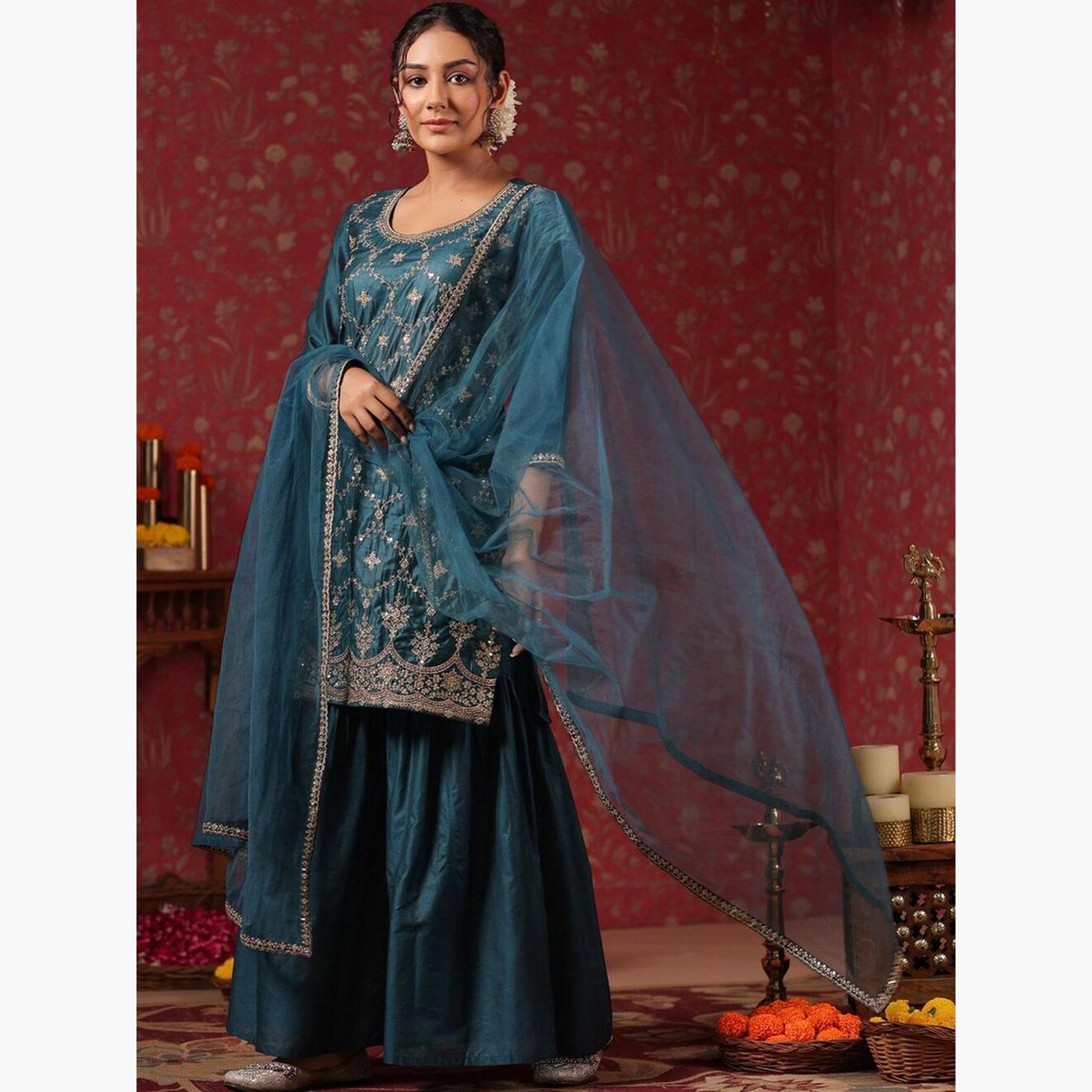 Ishin X Styli Teal Silk Blend Kurta with Pants and Dupatta Set-women-clothing-ethnicwear-kurtasets-image-3
