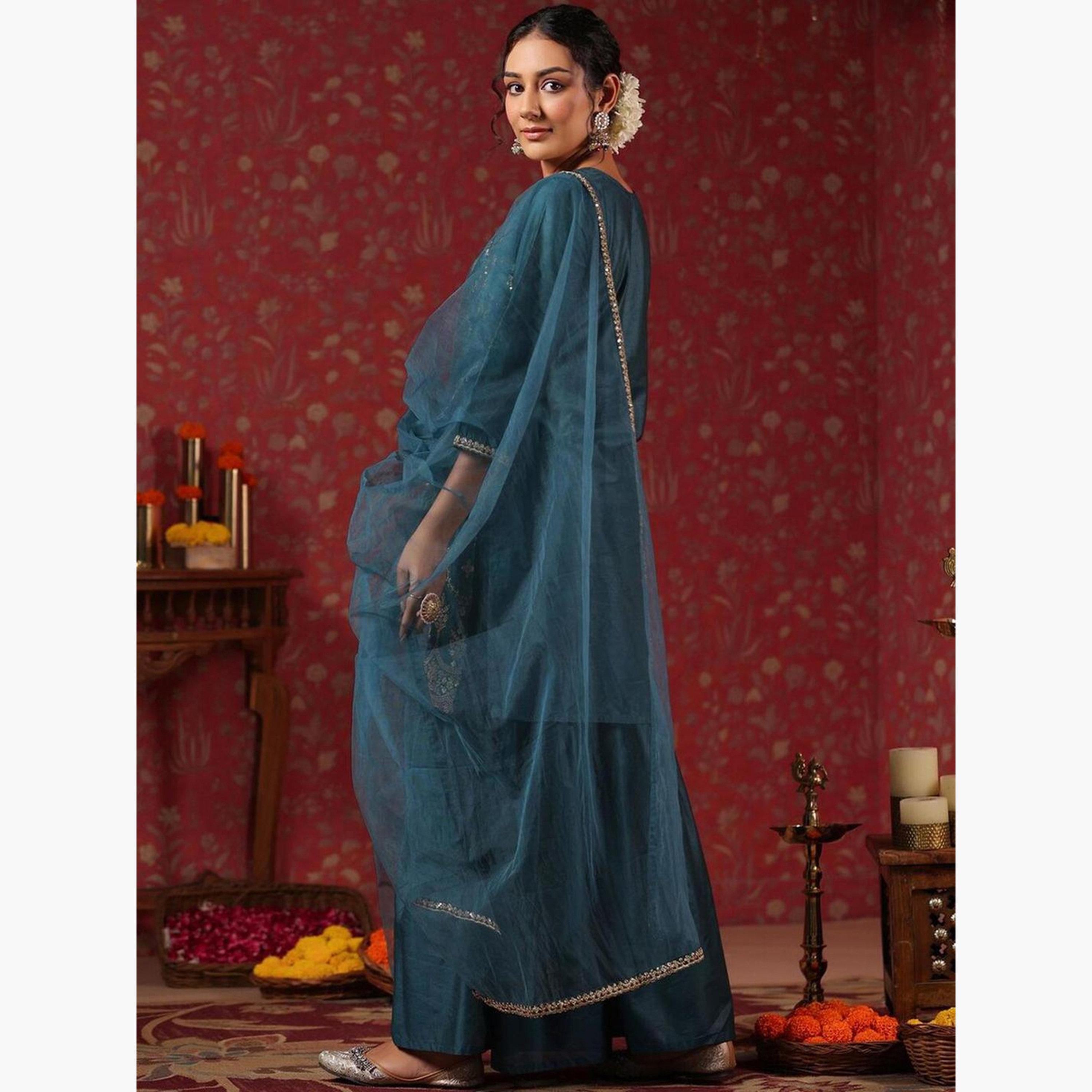 إيشين - طقم كورتا من مزيج الحرير لون أزرق المخضر مع بنطال ووشاح-women-clothing-ethnicwear-kurtasets-image-4