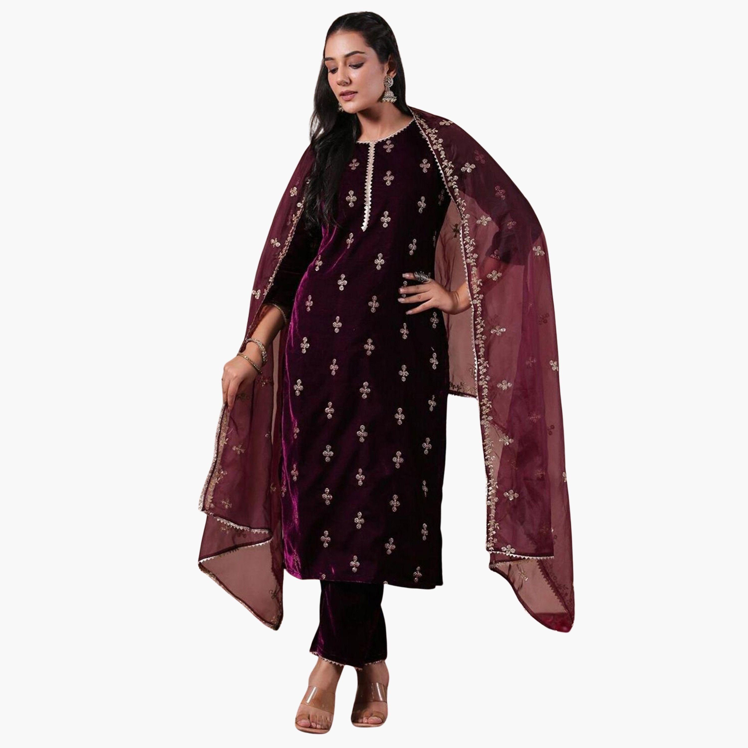 إيشين - طقم كورتا مخملي أرجواني مع بنطال دوباتا-women-clothing-ethnicwear-kurtasets-image-1