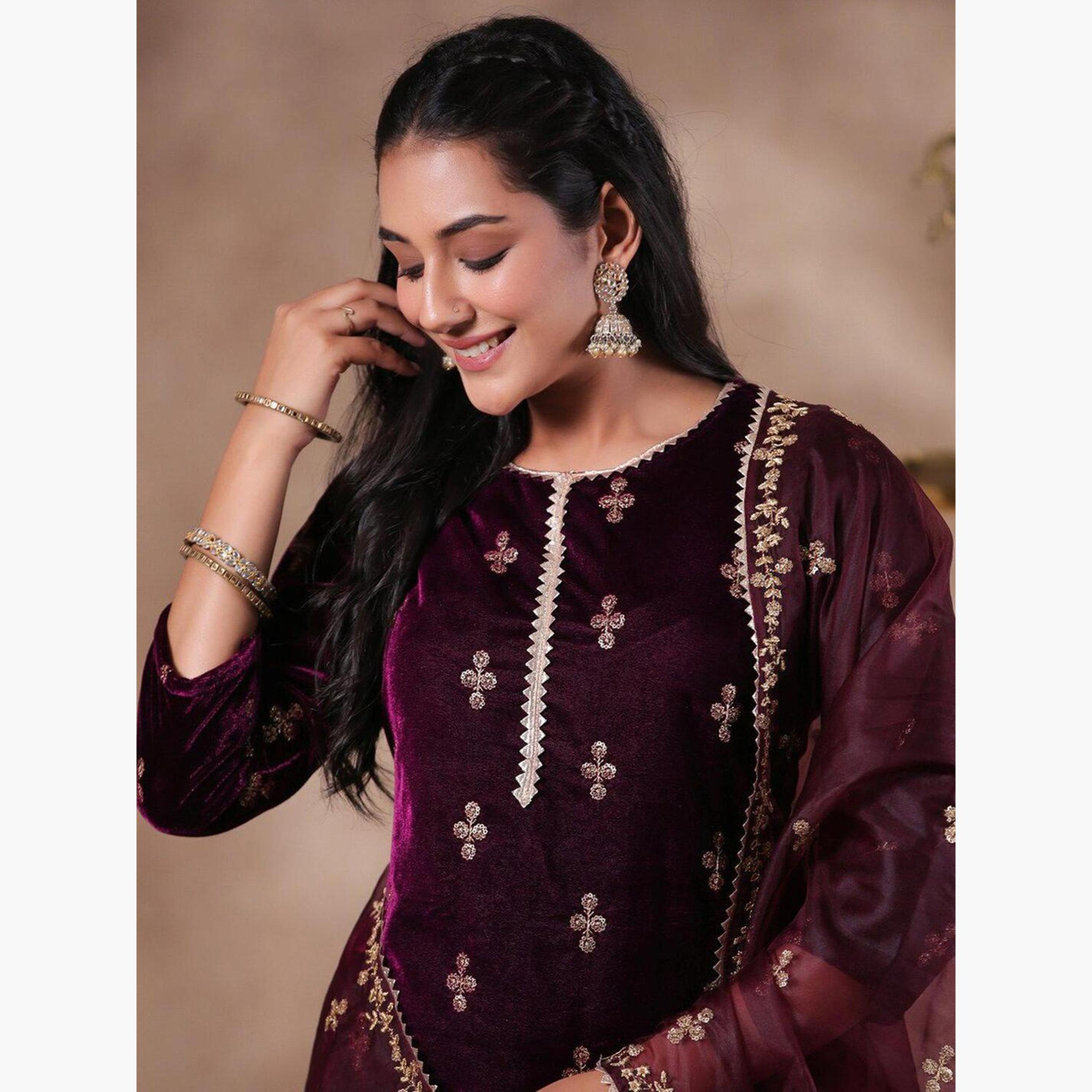 Ishin X Styli Purple Velvet Kurta with Pants and Dupatta Set-women-clothing-ethnicwear-kurtasets-image-2
