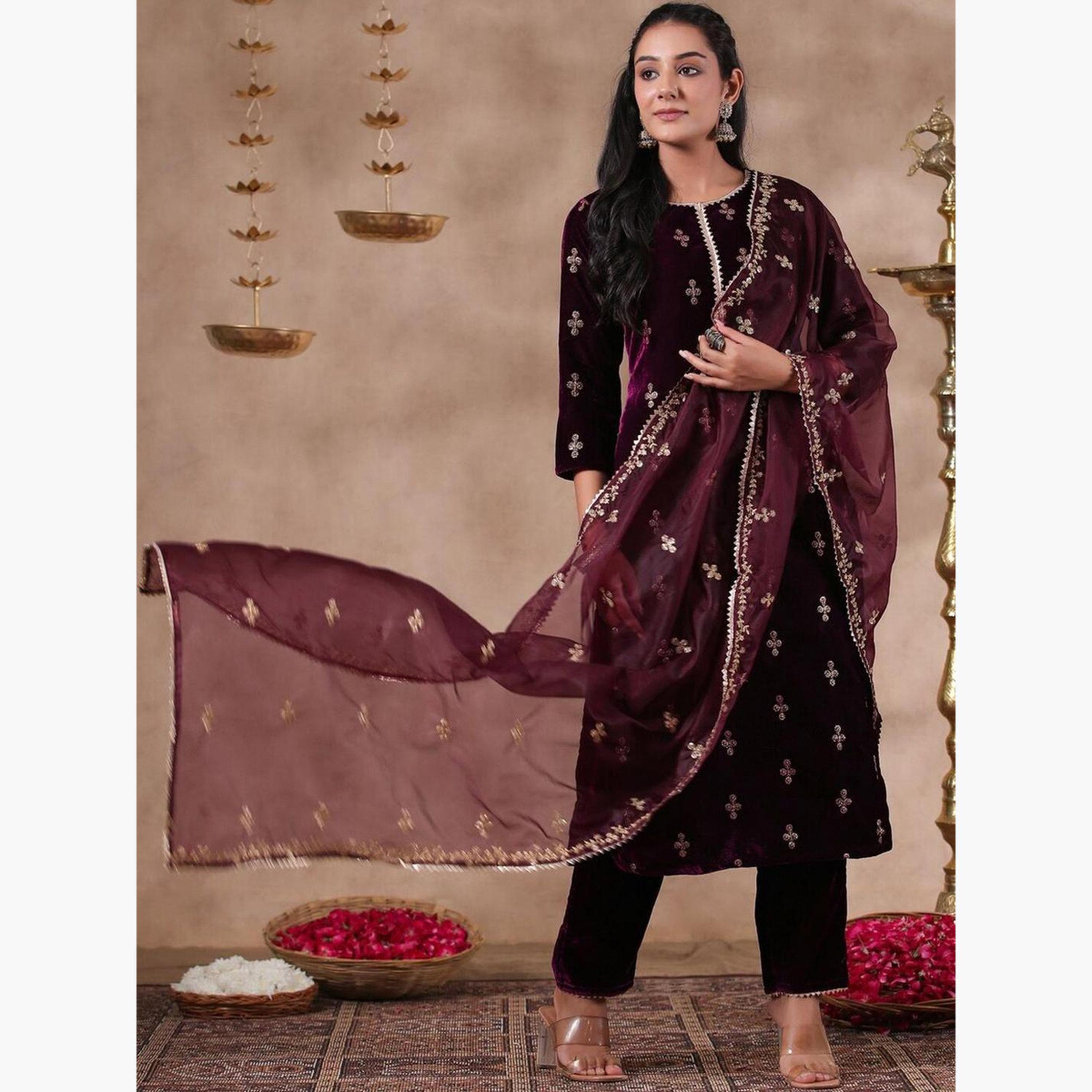 Ishin X Styli Purple Velvet Kurta with Pants and Dupatta Set-women-clothing-ethnicwear-kurtasets-image-3