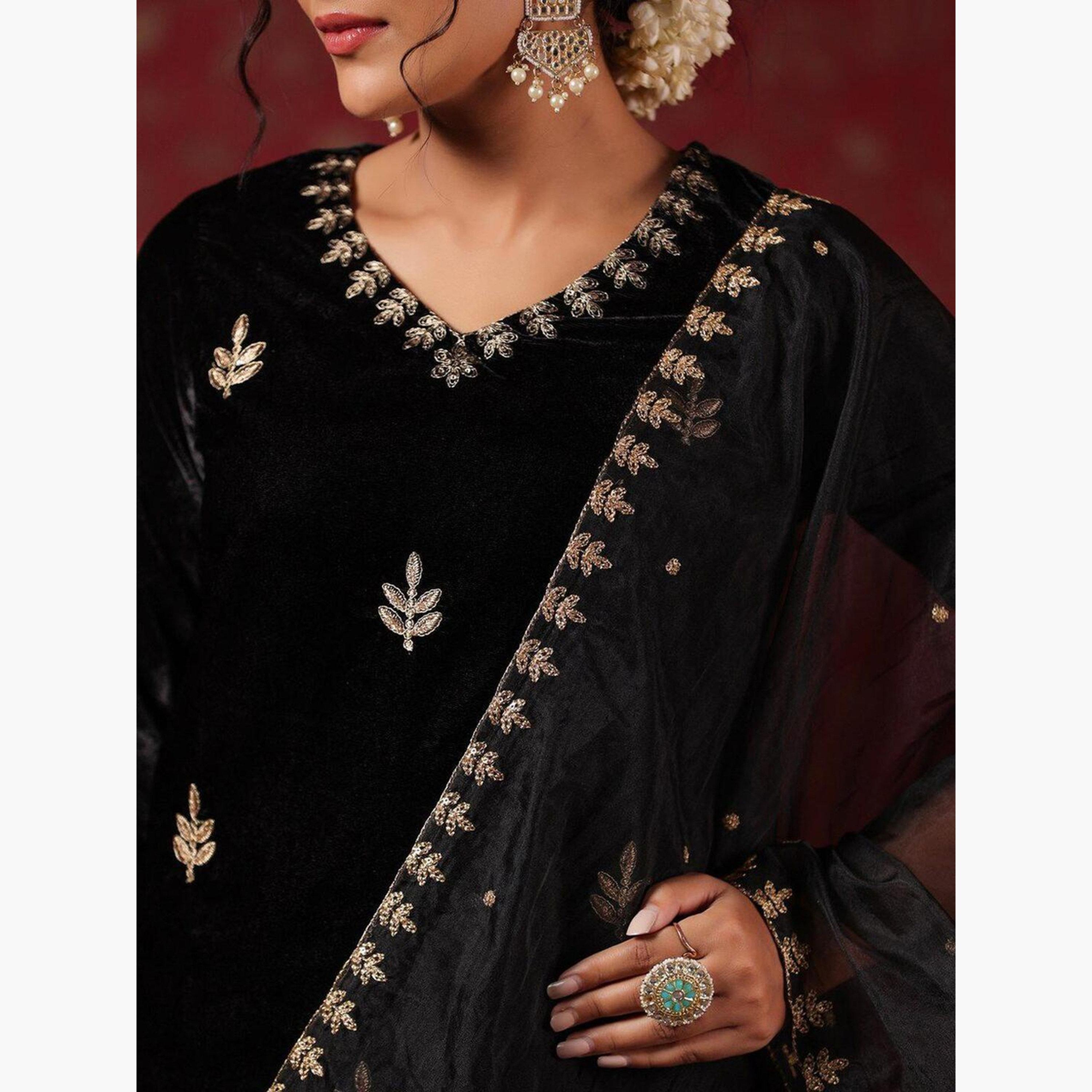 Ishin X Styli Black Velvet Kurta with Pants and Dupatta Set-women-clothing-ethnicwear-kurtasets-image-2
