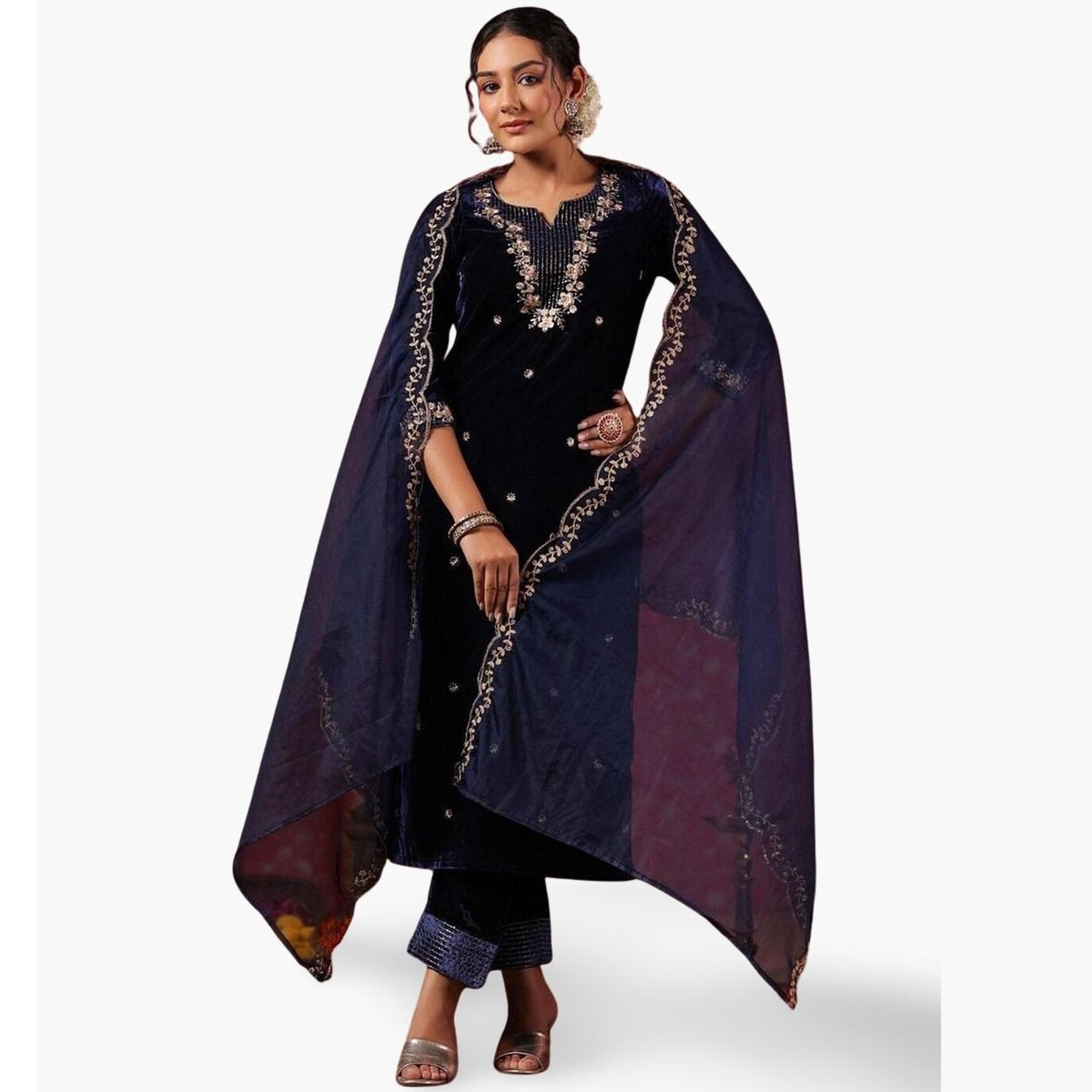 ايشين - كورتا (قميص طويل) مخملي أزرق داكن مع بنطال و وشاح دوباتا-women-clothing-ethnicwear-kurtasets-image-1