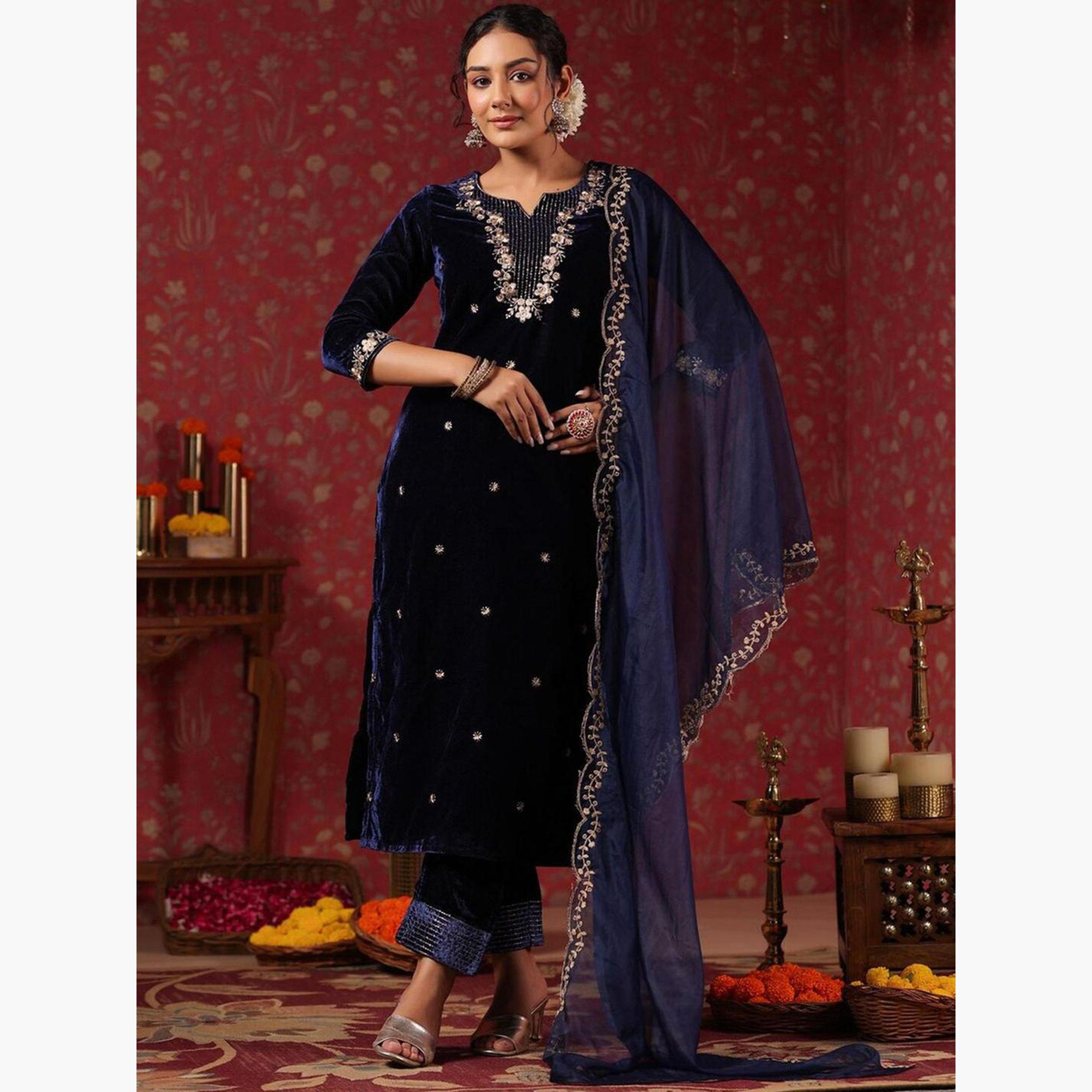 ايشين - كورتا (قميص طويل) مخملي أزرق داكن مع بنطال و وشاح دوباتا-women-clothing-ethnicwear-kurtasets-image-2