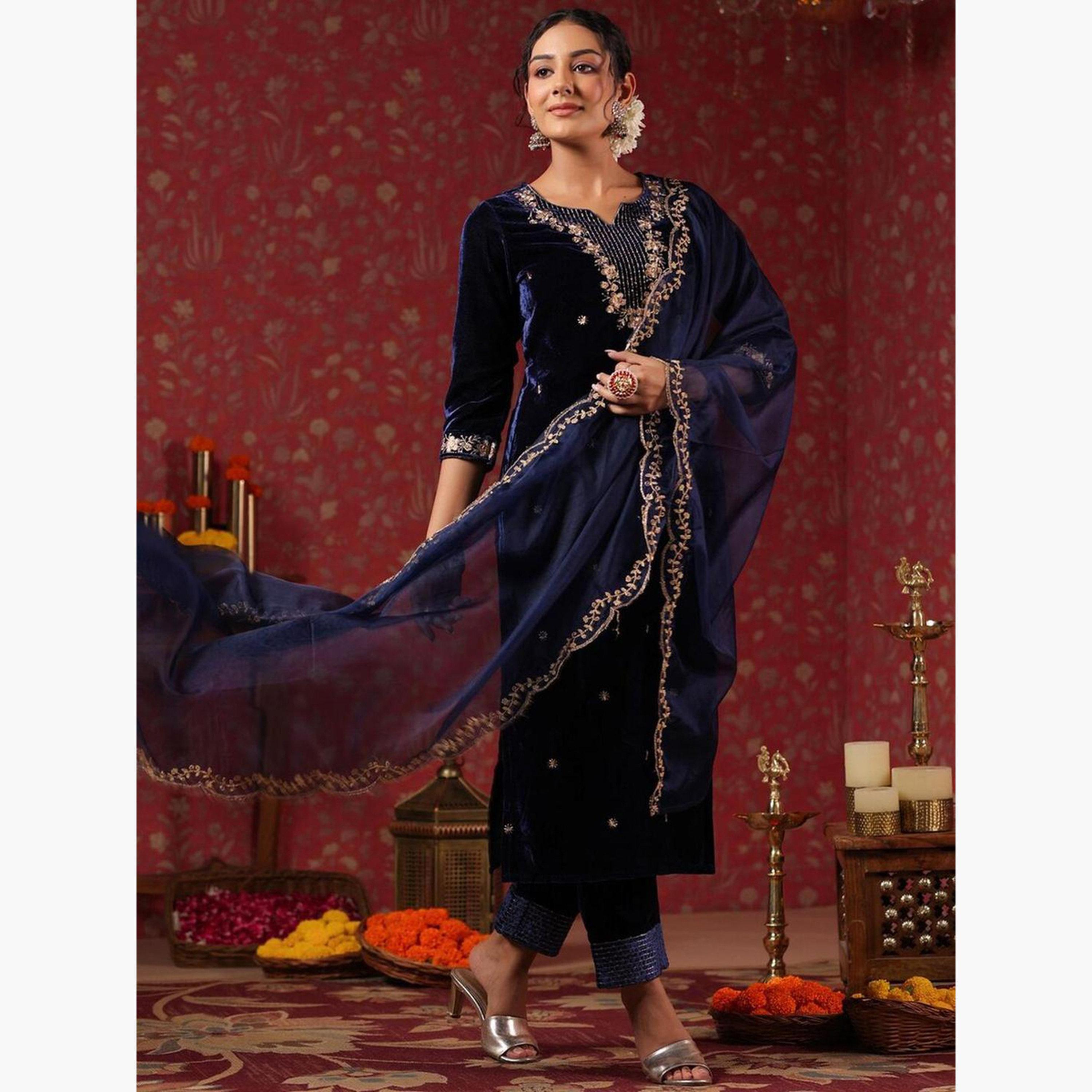 ايشين - كورتا (قميص طويل) مخملي أزرق داكن مع بنطال و وشاح دوباتا-women-clothing-ethnicwear-kurtasets-image-3